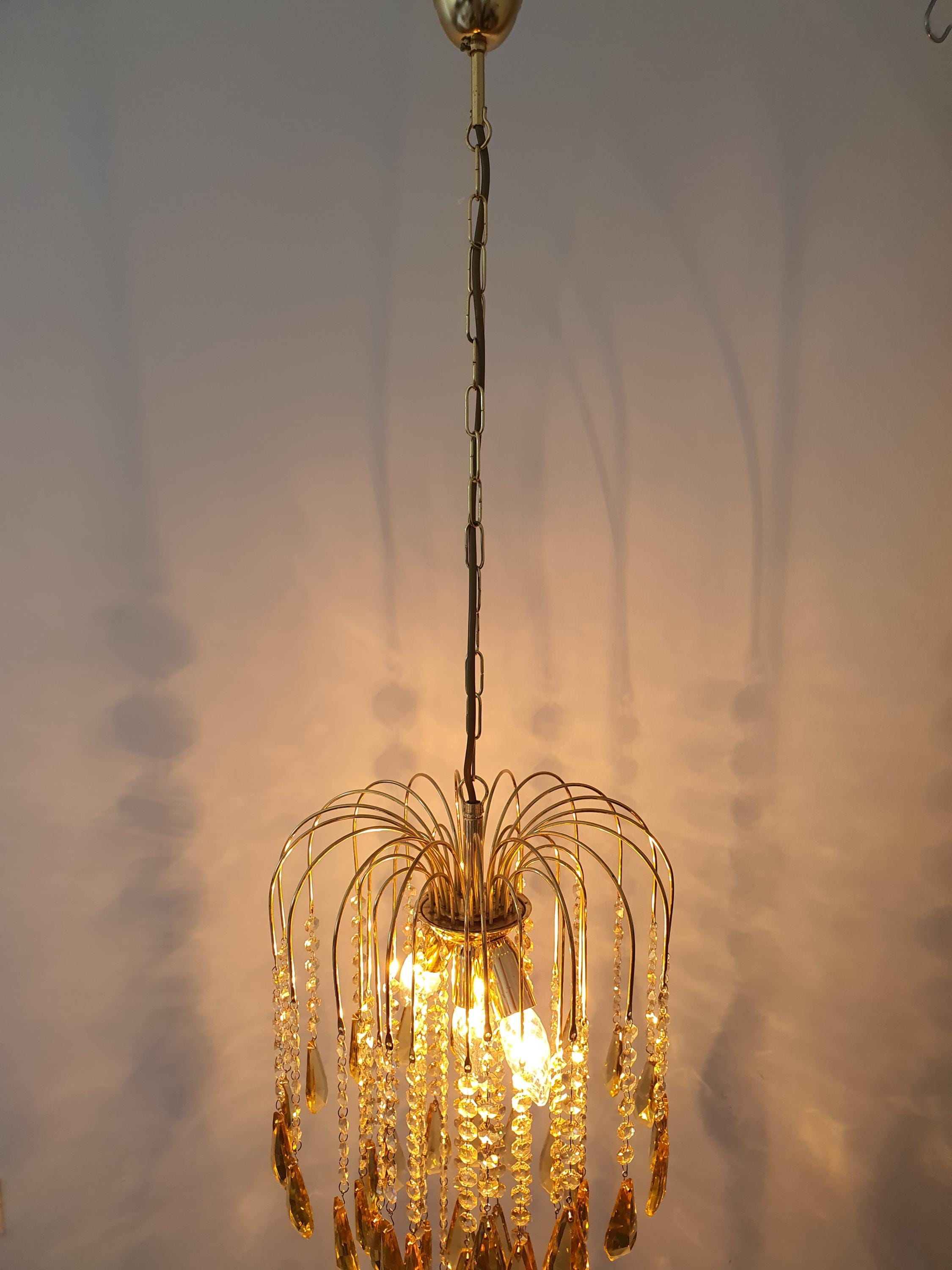 Vintage Honey Yellow Teardrop Chandelier: 1980s Hollywood Regency Gold Light