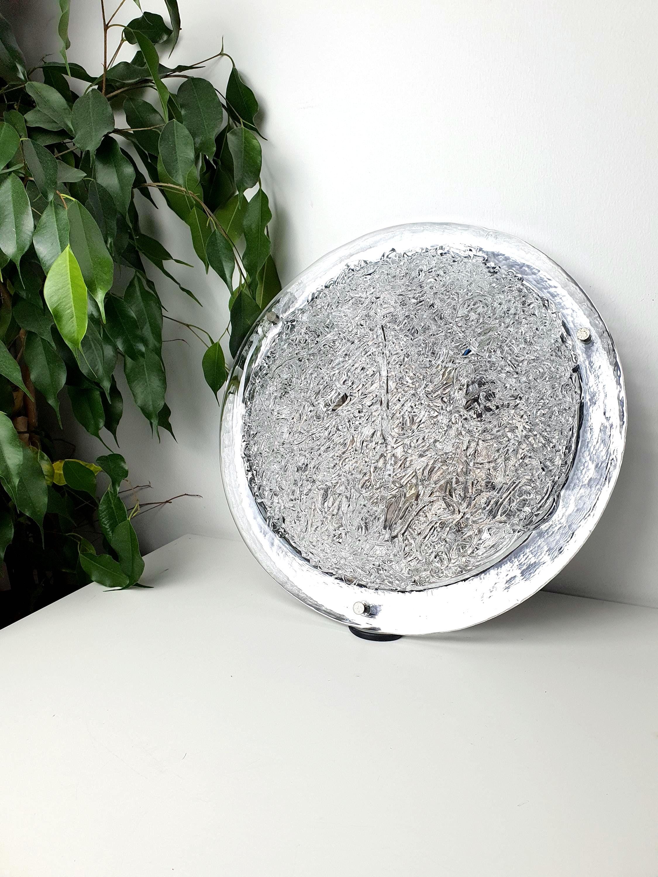 Vintage clear Murano glass flush mount light with thick textured glass and chrome base, Italian mid-century design