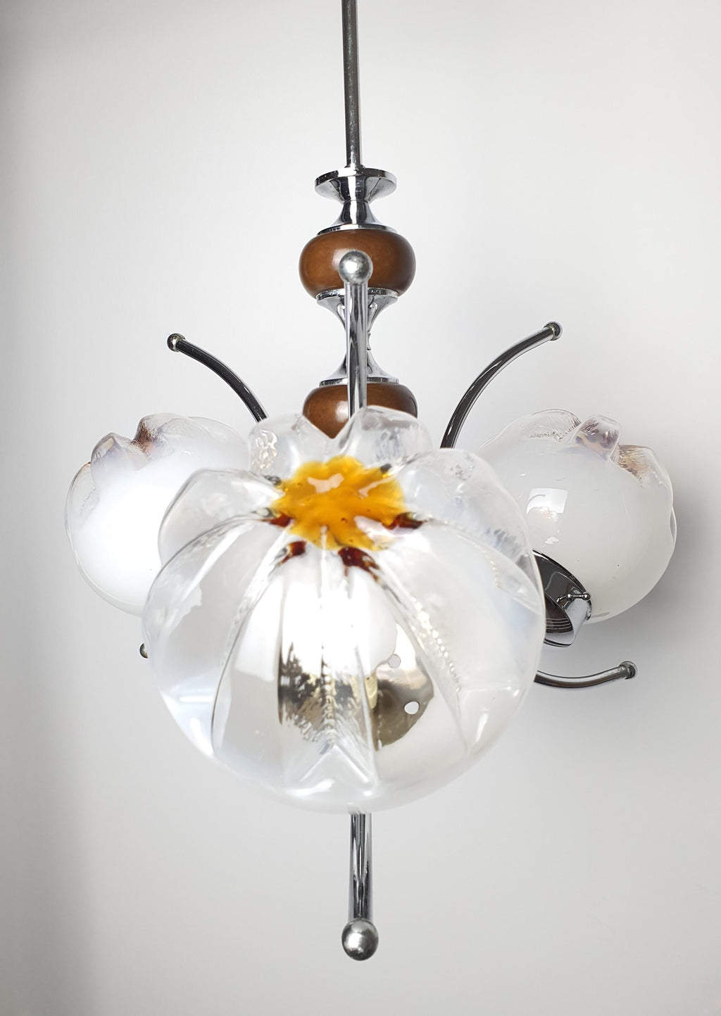 Vintage Murano Glass Chandelier | Mazzega Style | 3-Arm Globes | Chrome & Wooden Base