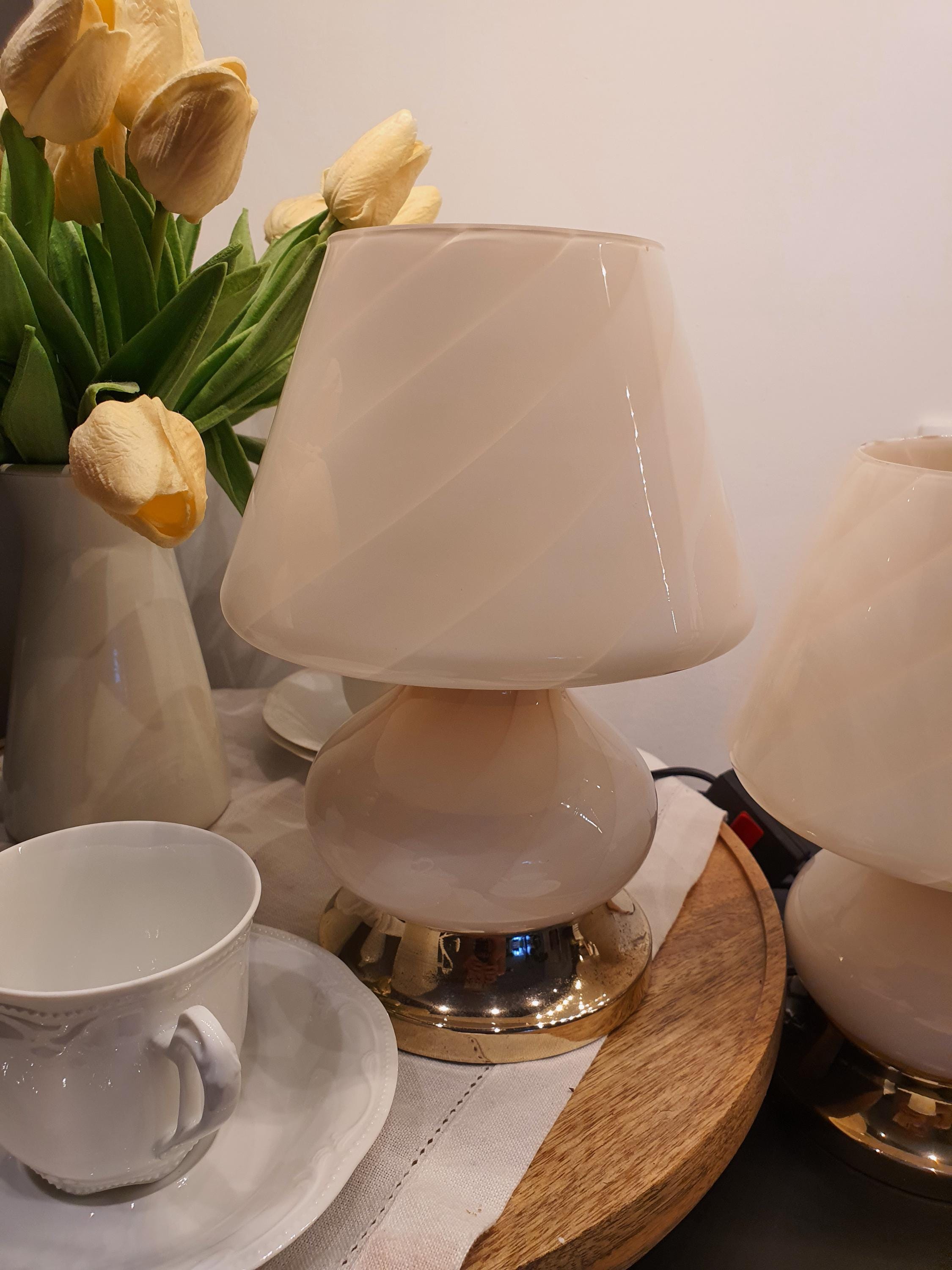 Murano Glass Mushroom Table Lamps: Pink Swirl, Mid-Century Modern