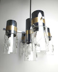 Vintage Space Age Sputnik chandelier, chrome and gold 5-arm Italian design, Sciolari style, handcrafted glass diffusers, 1960s–1970s