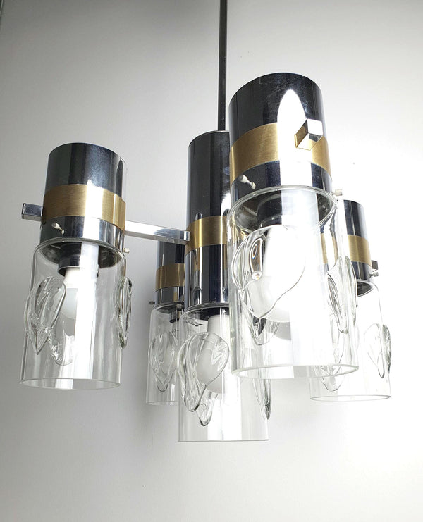 Lustre Sputnik Space Age vintage – Chrome & or, 5 bras, design italien, attr. Gaetano Sciolari
