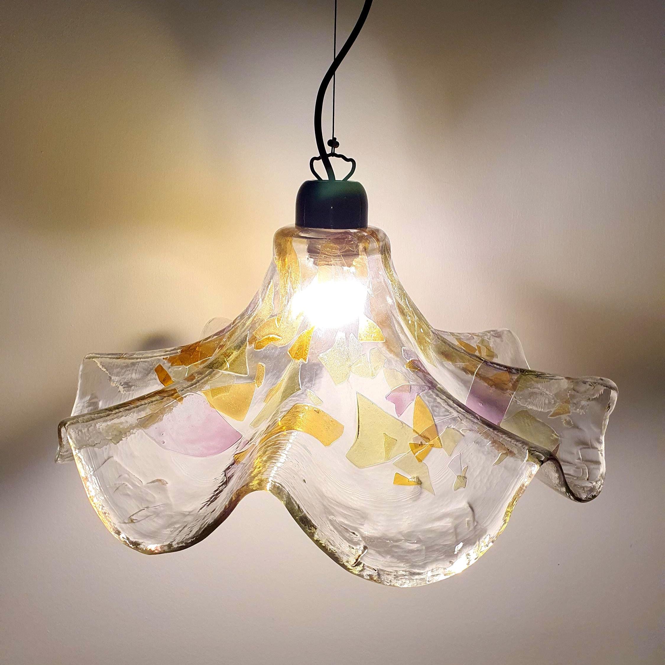 Vintage Murano glass tulip pendant light with green and purple accents in organic fazzoletto shape