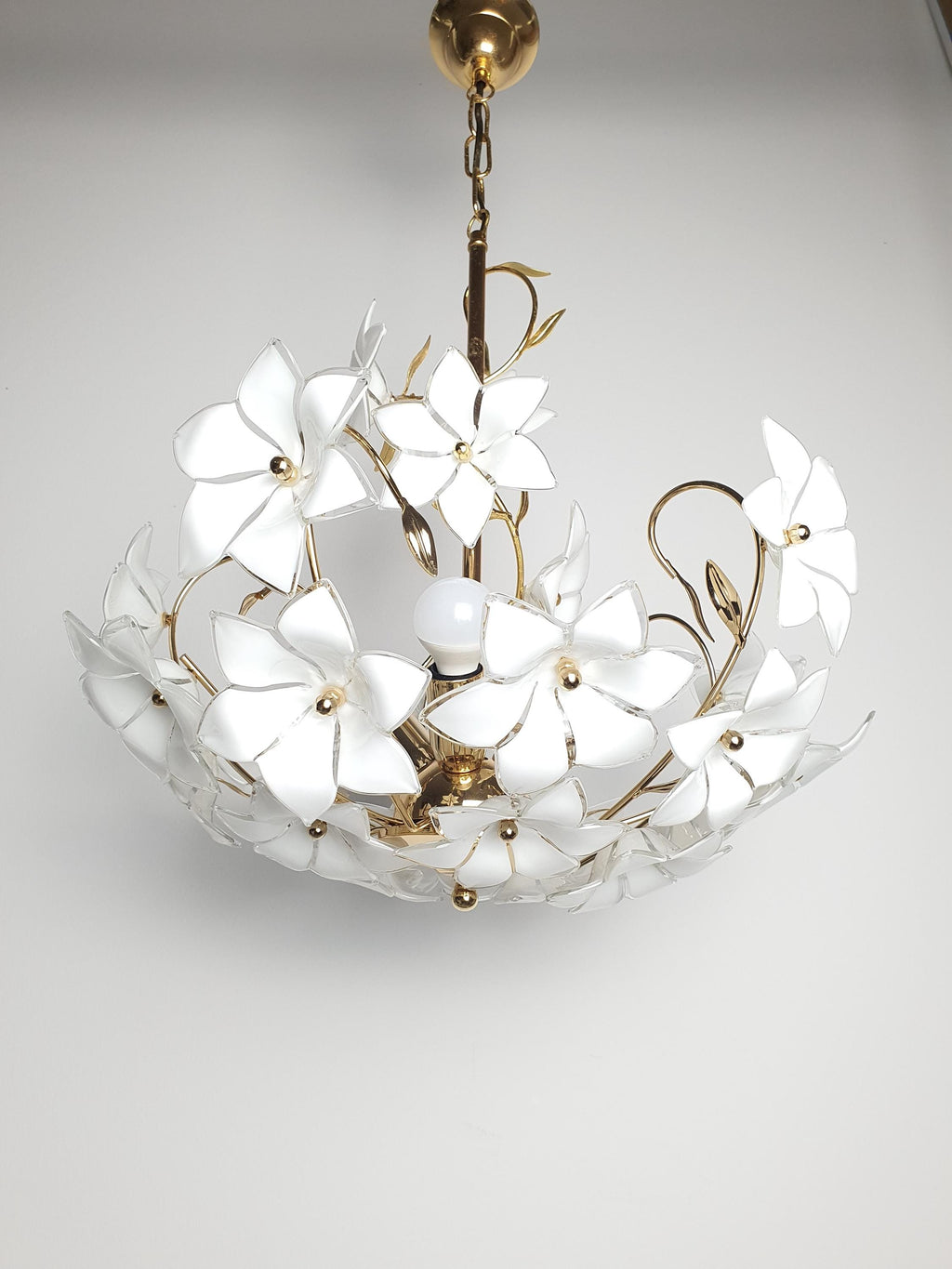 Vintage Murano Glass White Floral Chandelier | Hollywood Regency Dining Lighting