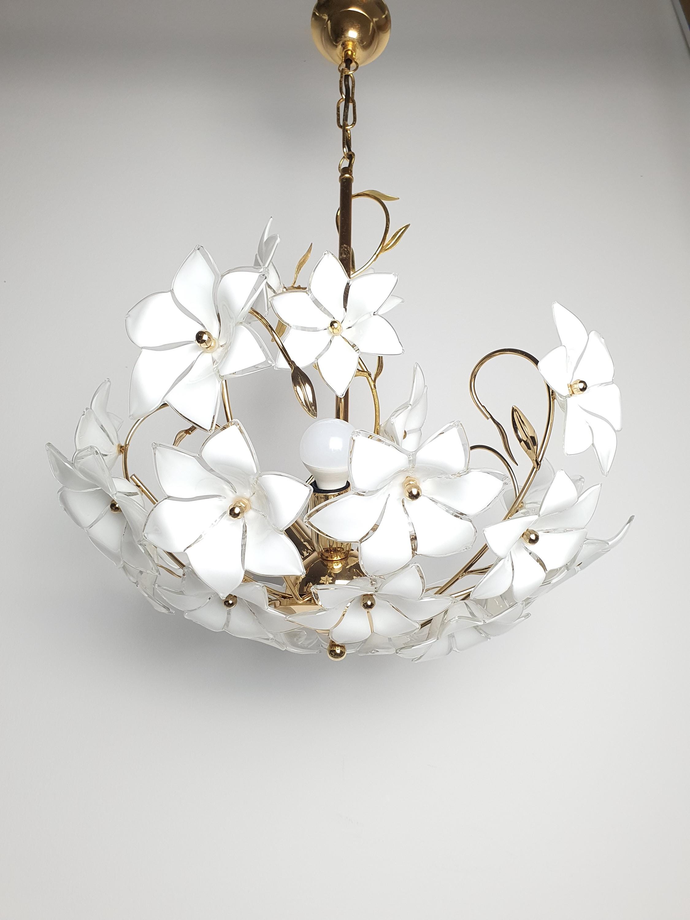 Vintage Murano Glass White Floral Chandelier | Hollywood Regency Dining Lighting