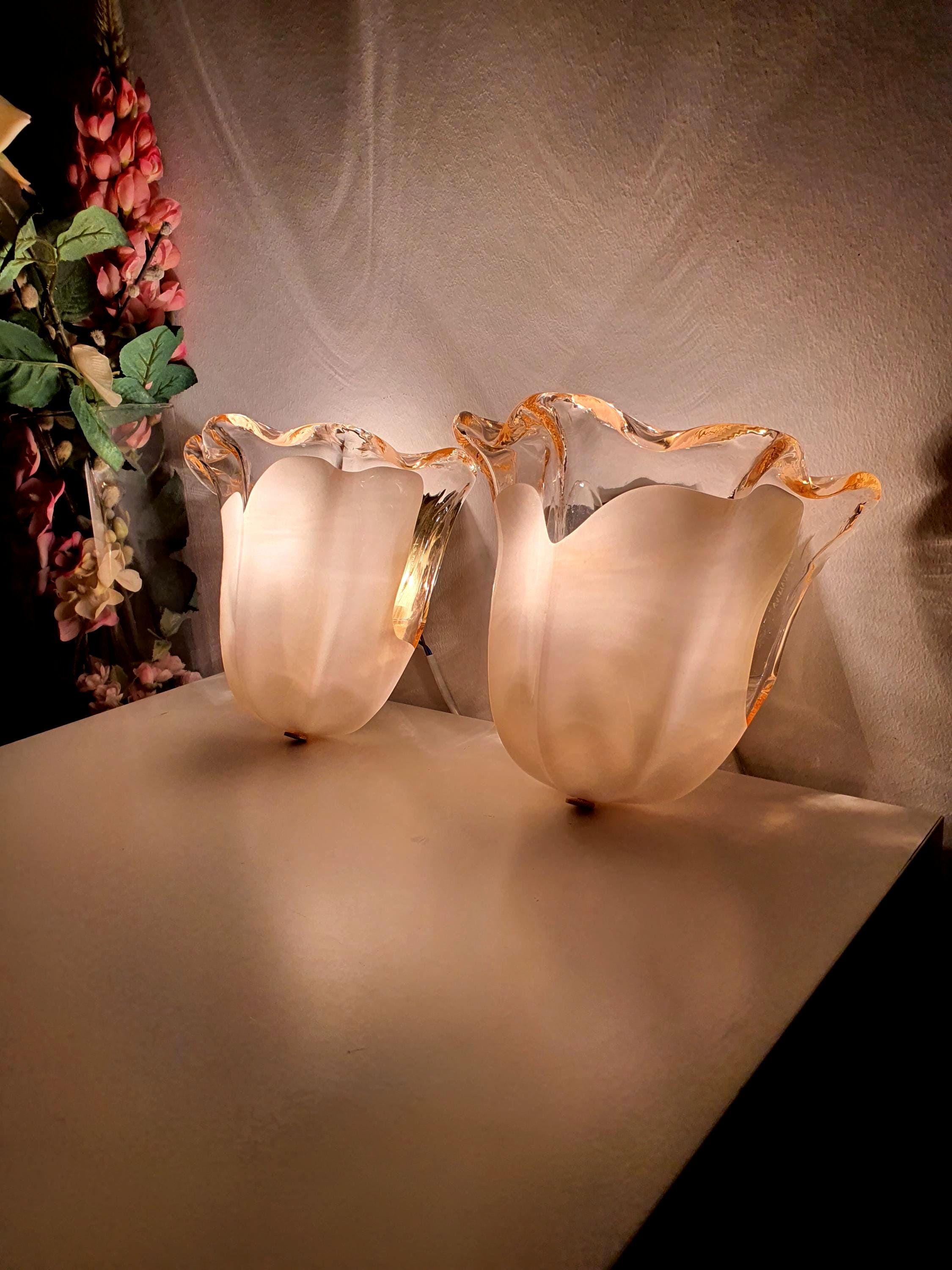 Pair of pink La Murrina Murano glass wall sconces with white spots and golden base, vintage Italian lighting