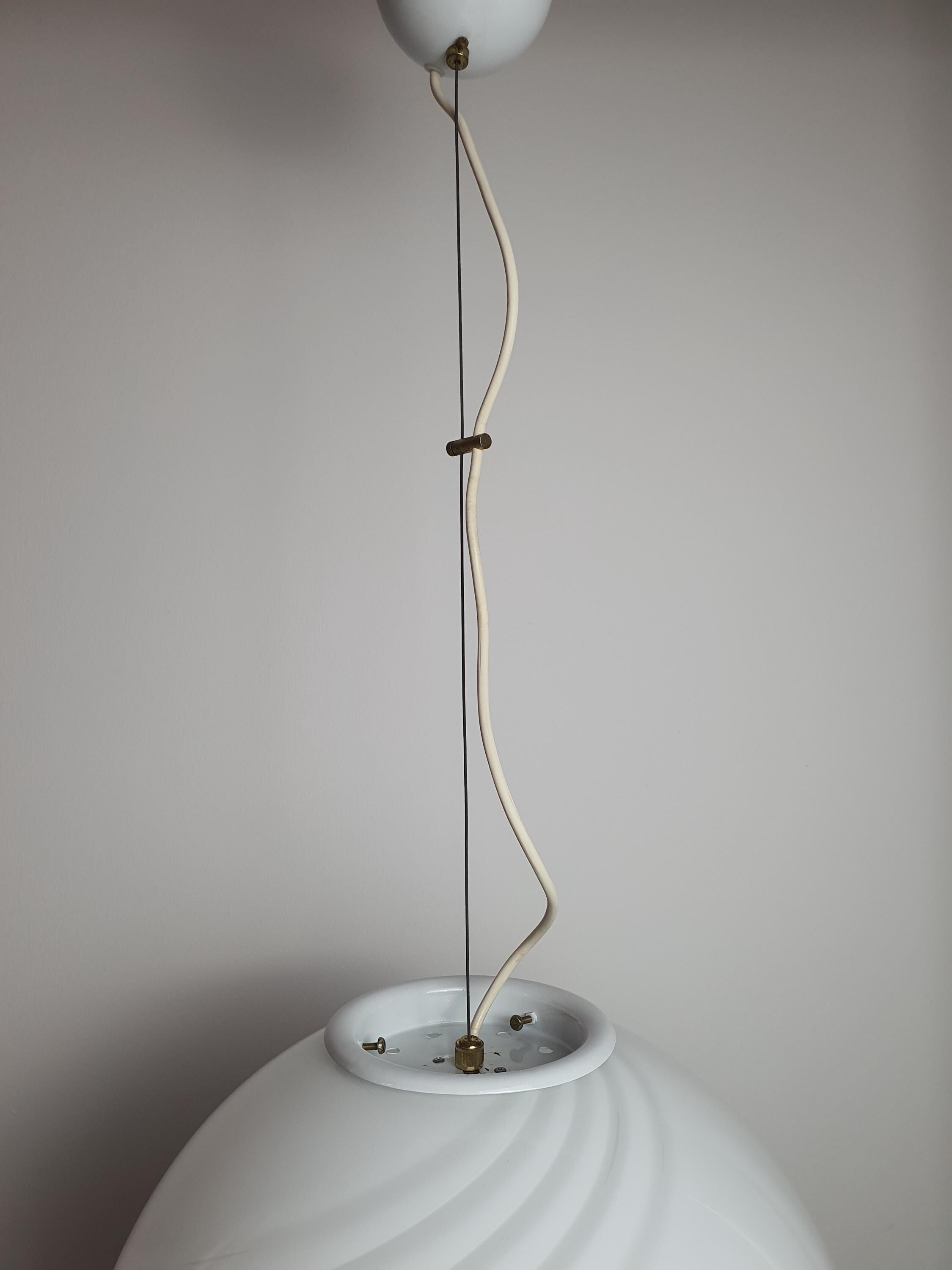 Murano large white swirl globe pendant side view, 38cm perfect sphere, delicate white swirl pattern, hardwired pendant