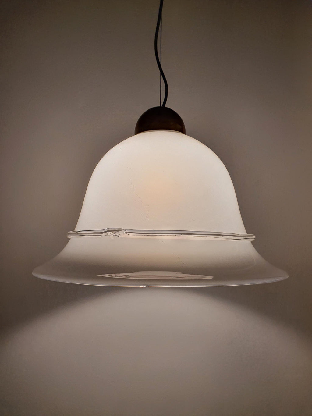 Vintage Murano Glass White Bell Pendant Light with Clear Bow Detail