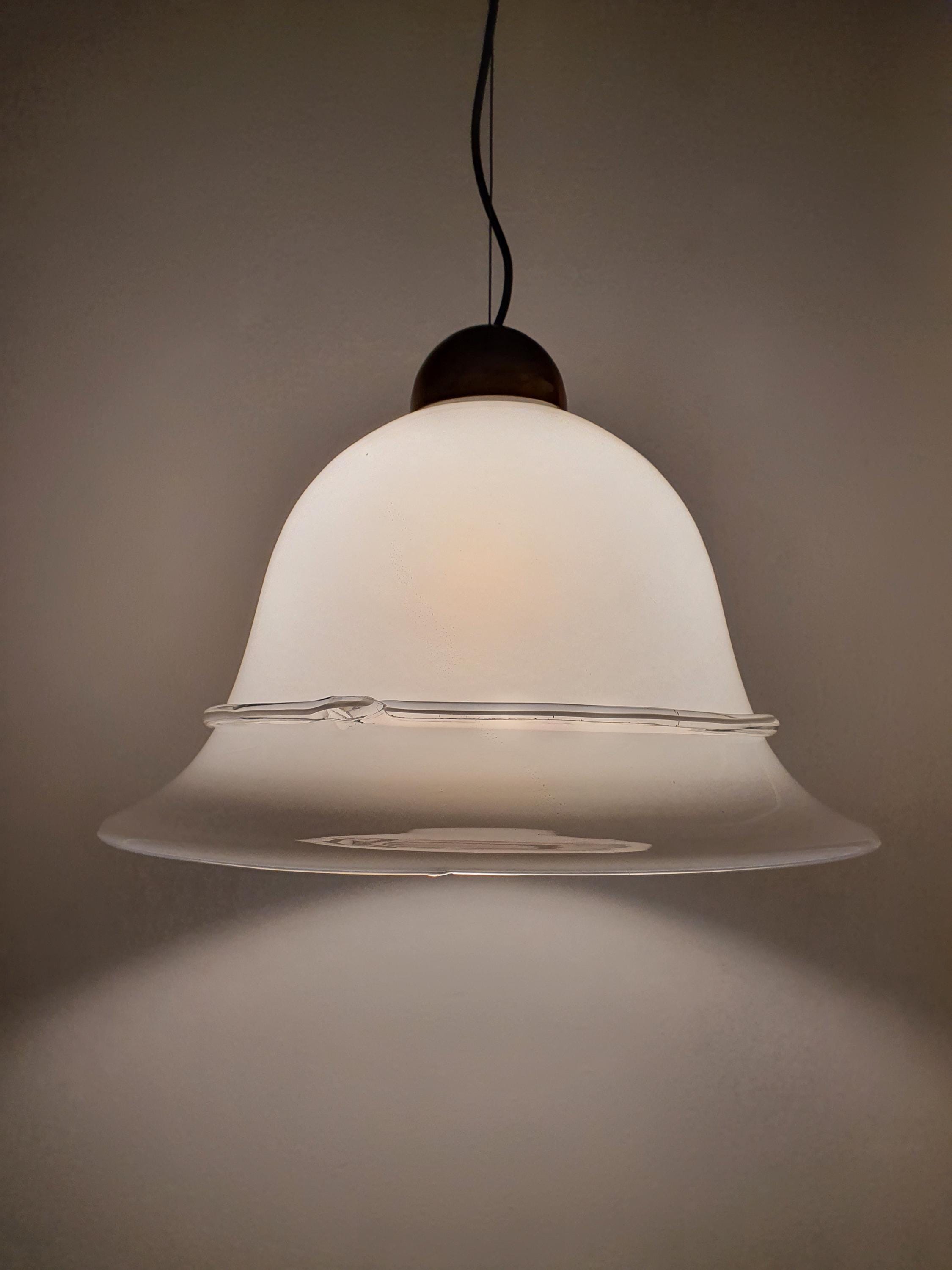 Vintage Murano Glass White Bell Pendant Light with Clear Bow Detail