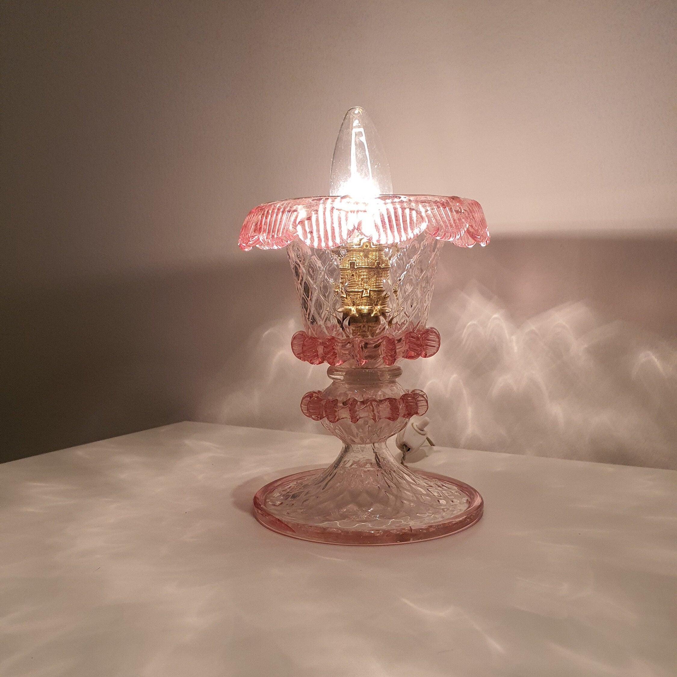 Vintage Murano Glass Tulip Table Lamp: Pink Floral Bedside Light, 1970s MCM