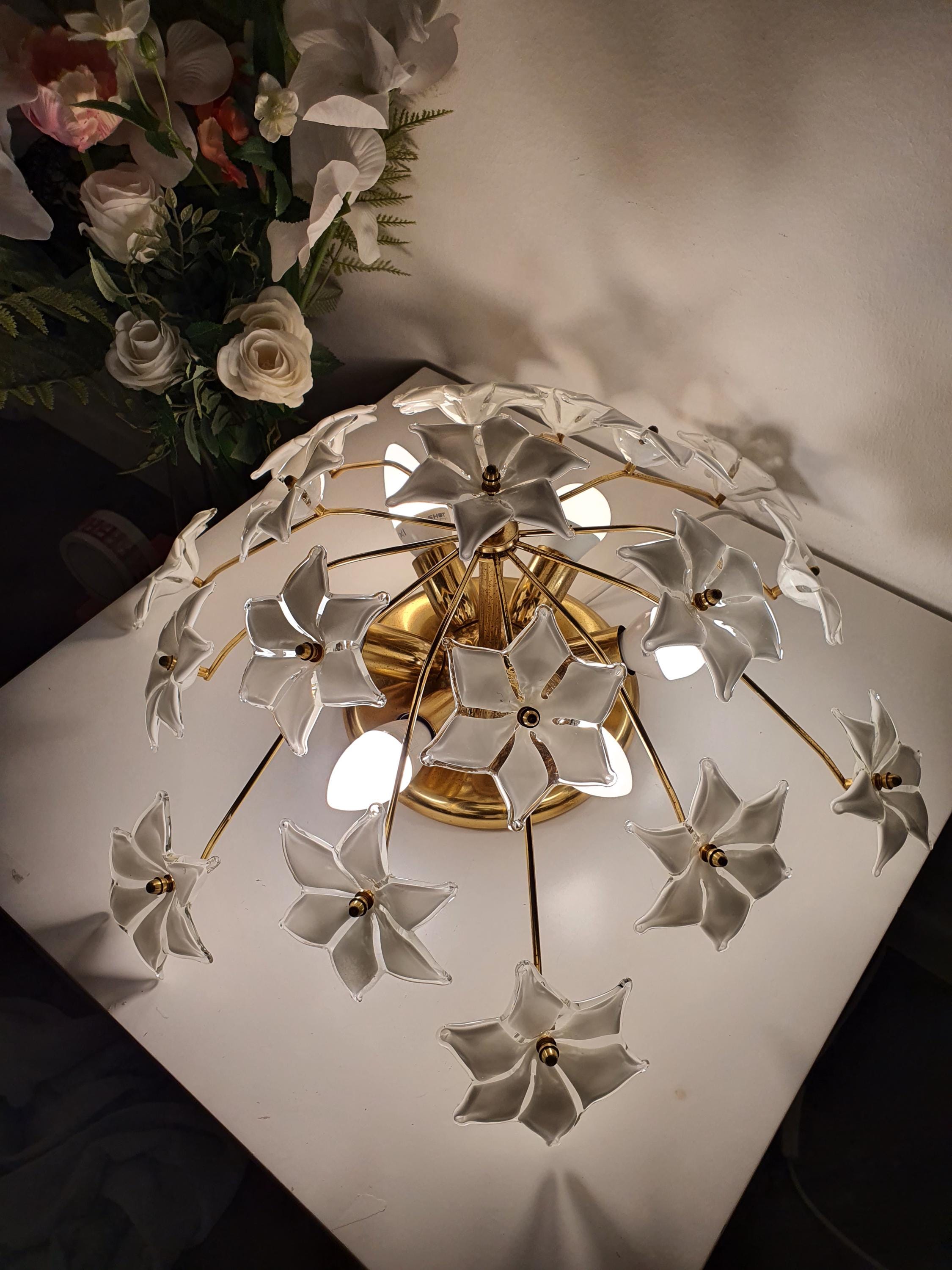 穆拉诺玻璃白色花卉吸顶灯 | 意大利复古Sputnik天花灯