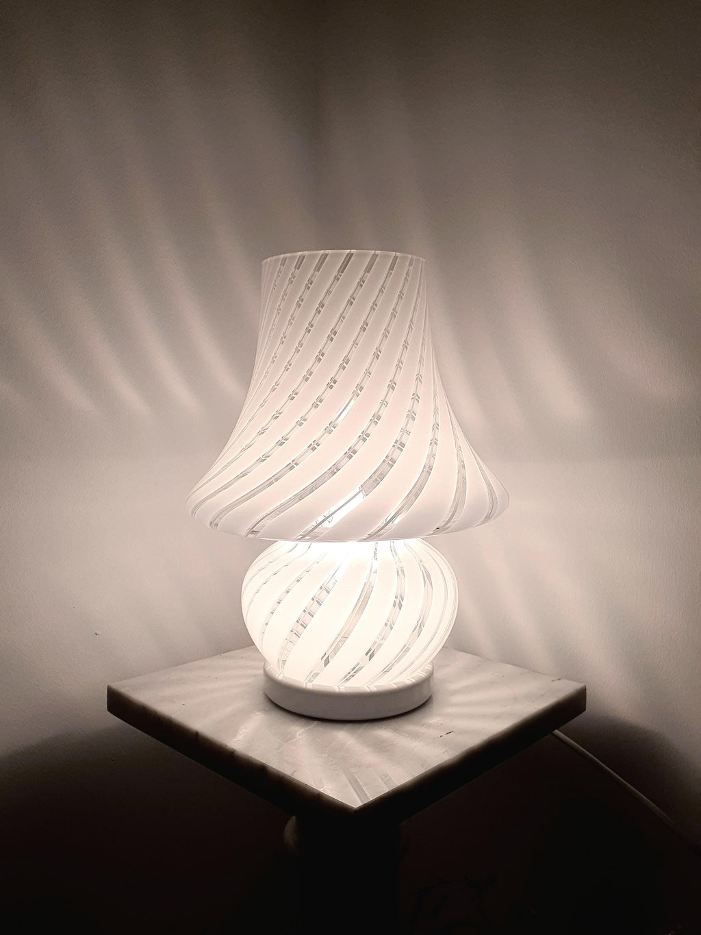 Vintage Murano Glass Mushroom Lamp: White Swirl, 1970s Italian Lighting