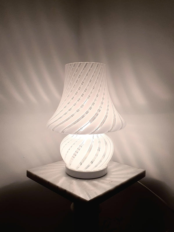 Vintage Murano Glass Mushroom Lamp – 1970s Italian White Swirl Design
