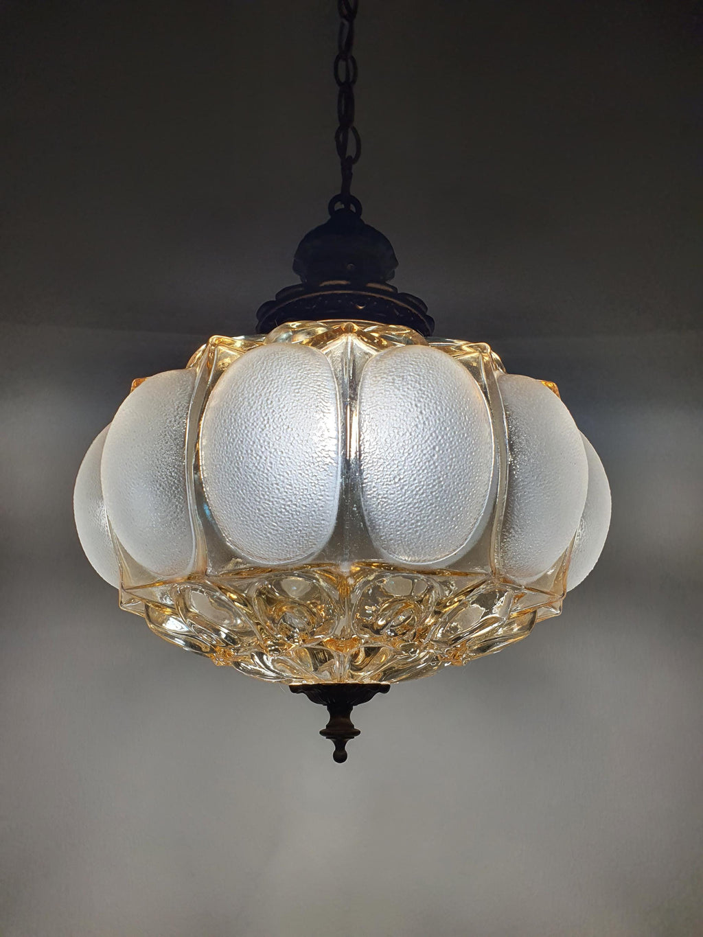 Art Deco Pendant Light – Stamped Beige Glass with Pearl Finish & Bronze Fixture
