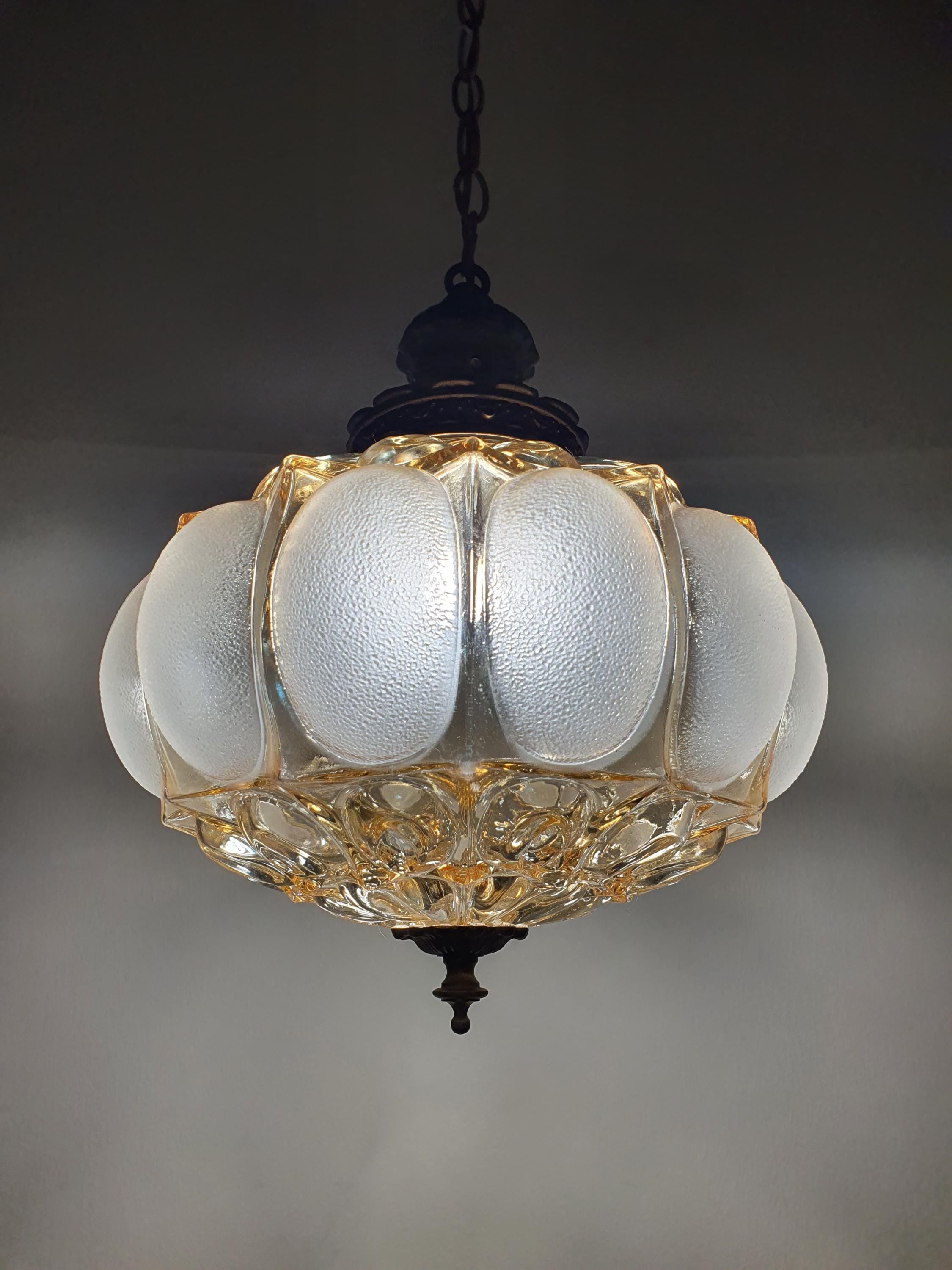 Art Deco Pendant Light – Stamped Beige Glass with Pearl Finish & Bronze Fixture