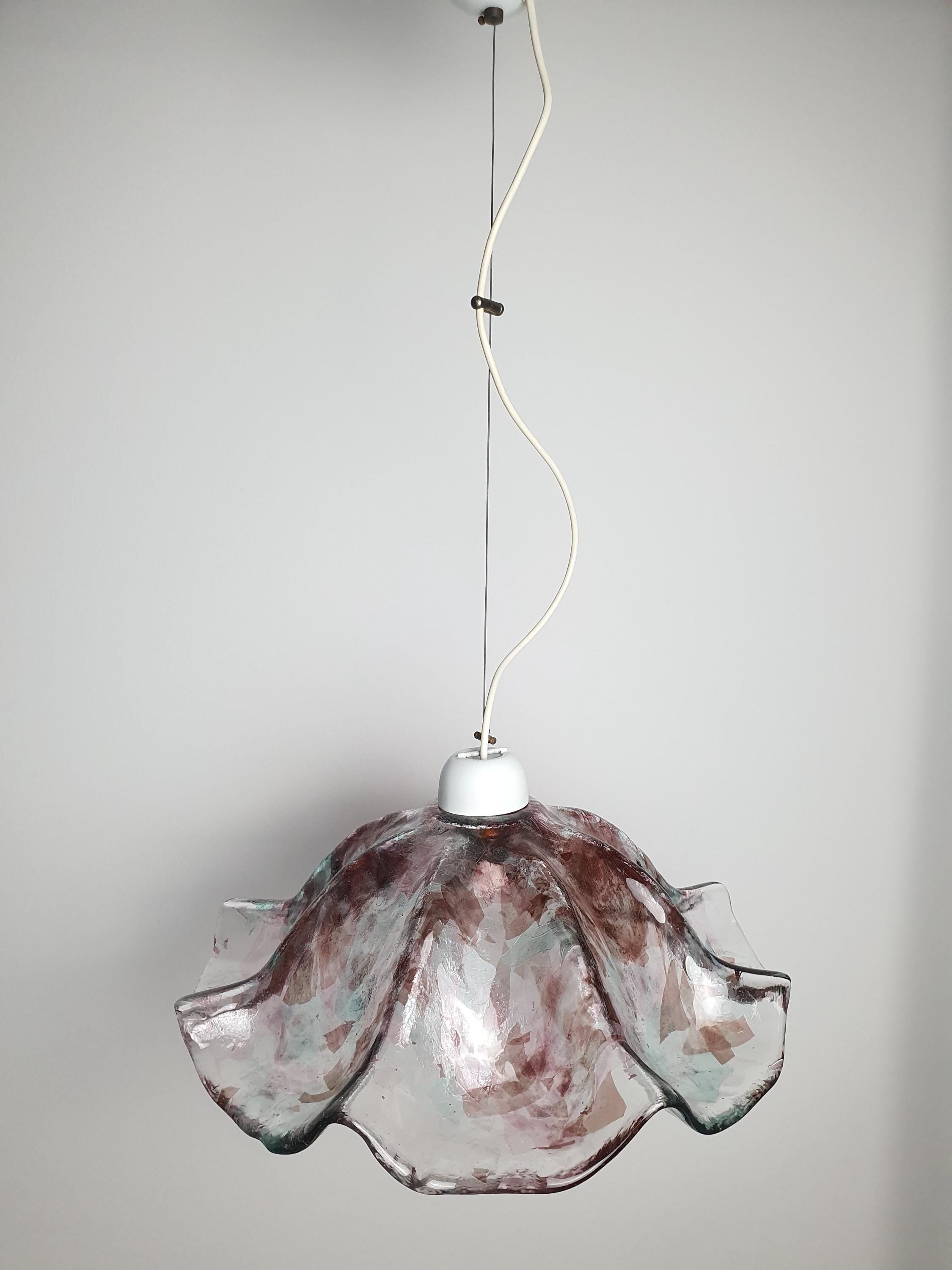 复古 Murano 彩色玻璃吊灯 | 有机郁金香造型 绿色与紫色点缀