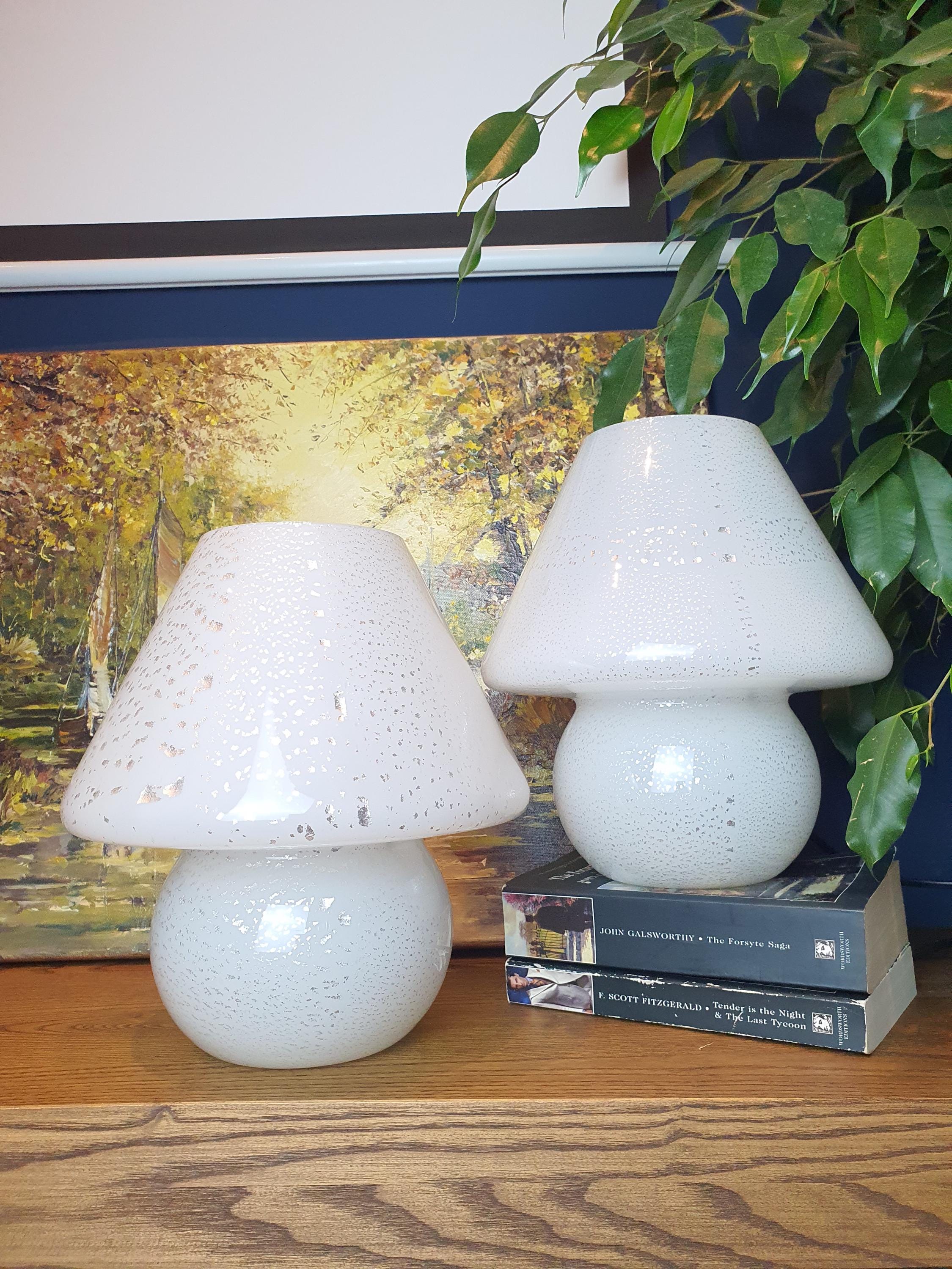 Lampes Champignon en Verre de Murano Vintage – Blanc & Argent, Paire de Chevet Scandinave