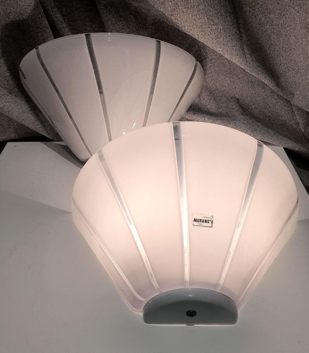 Vintage Murano Glass Wall Sconces: White Striped Cone Light Fixture