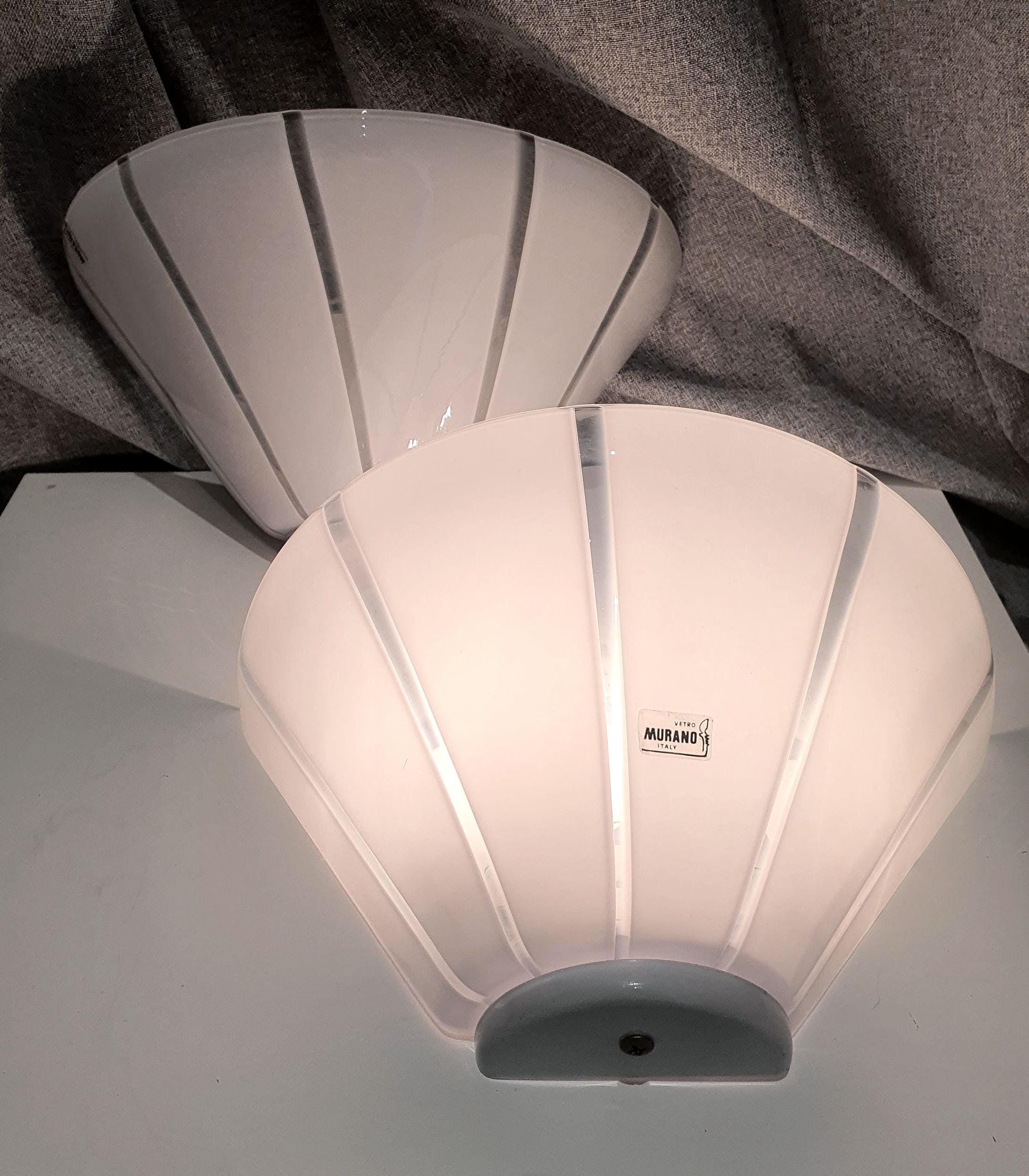 Vintage Murano Glass Wall Sconces: White Striped Cone Light Fixture