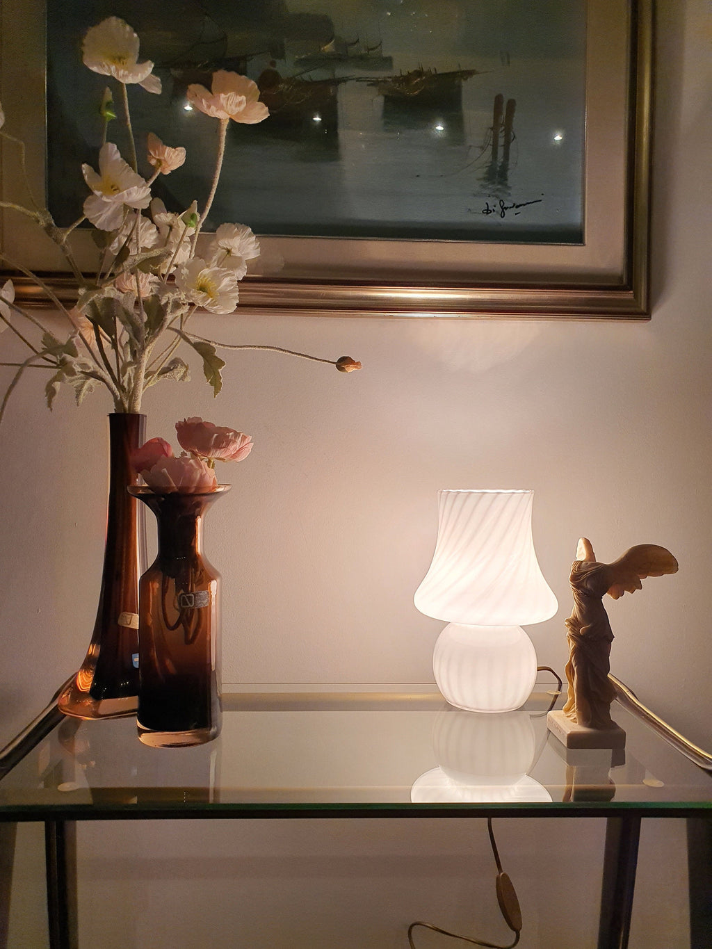 Vintage Murano Glass Mushroom Lamp | 1980s White Swirl Table Light | Nordic Mid-Century Modern Bedside Lamp