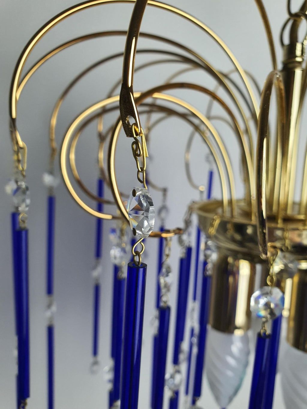 Vintage Cascade Chandelier: Navy Blue Glass Drops, Hollywood Regency Style