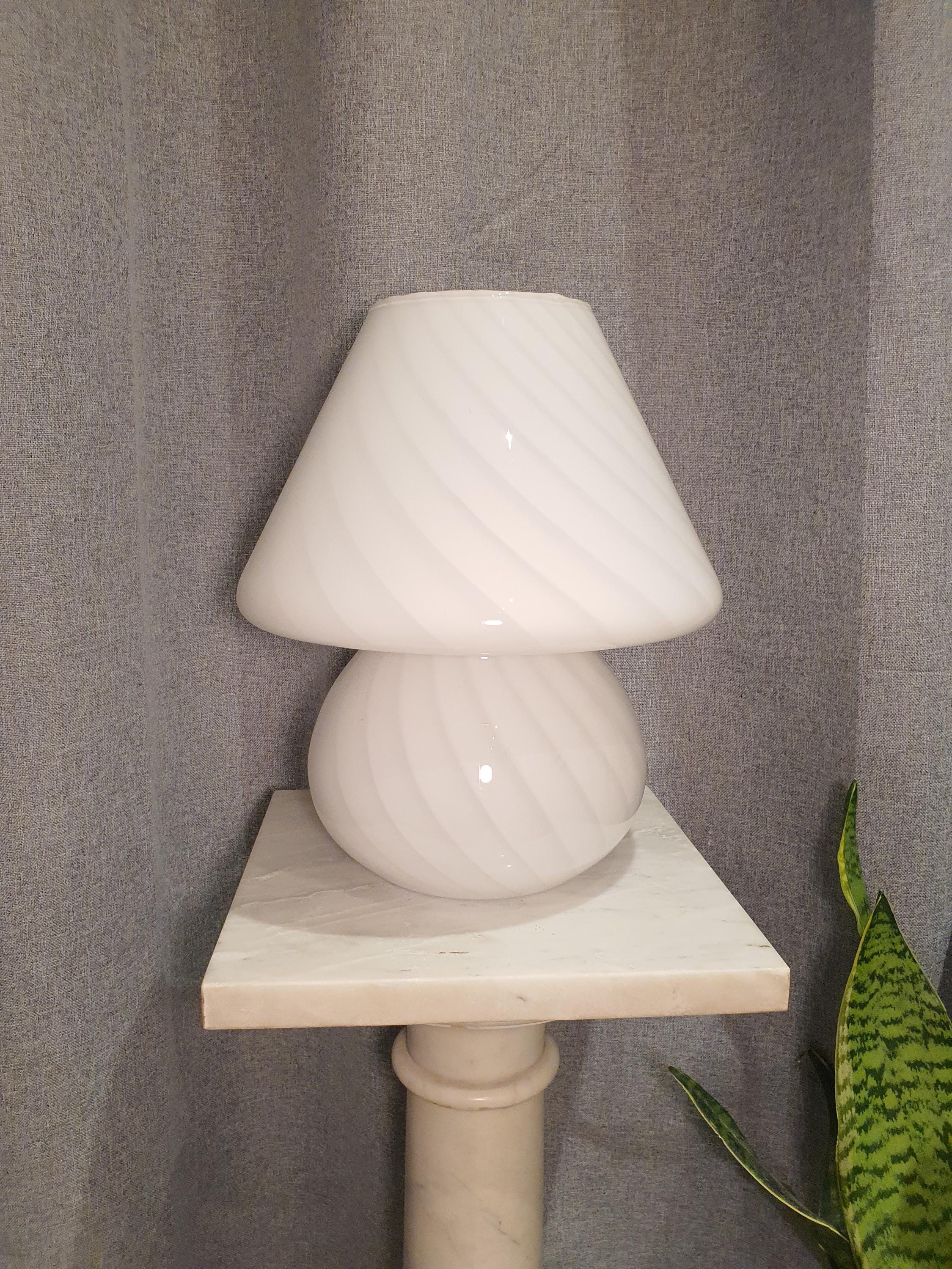 Vintage Murano Glass Mushroom Lamp: White Swirl, MCM Bedside Light