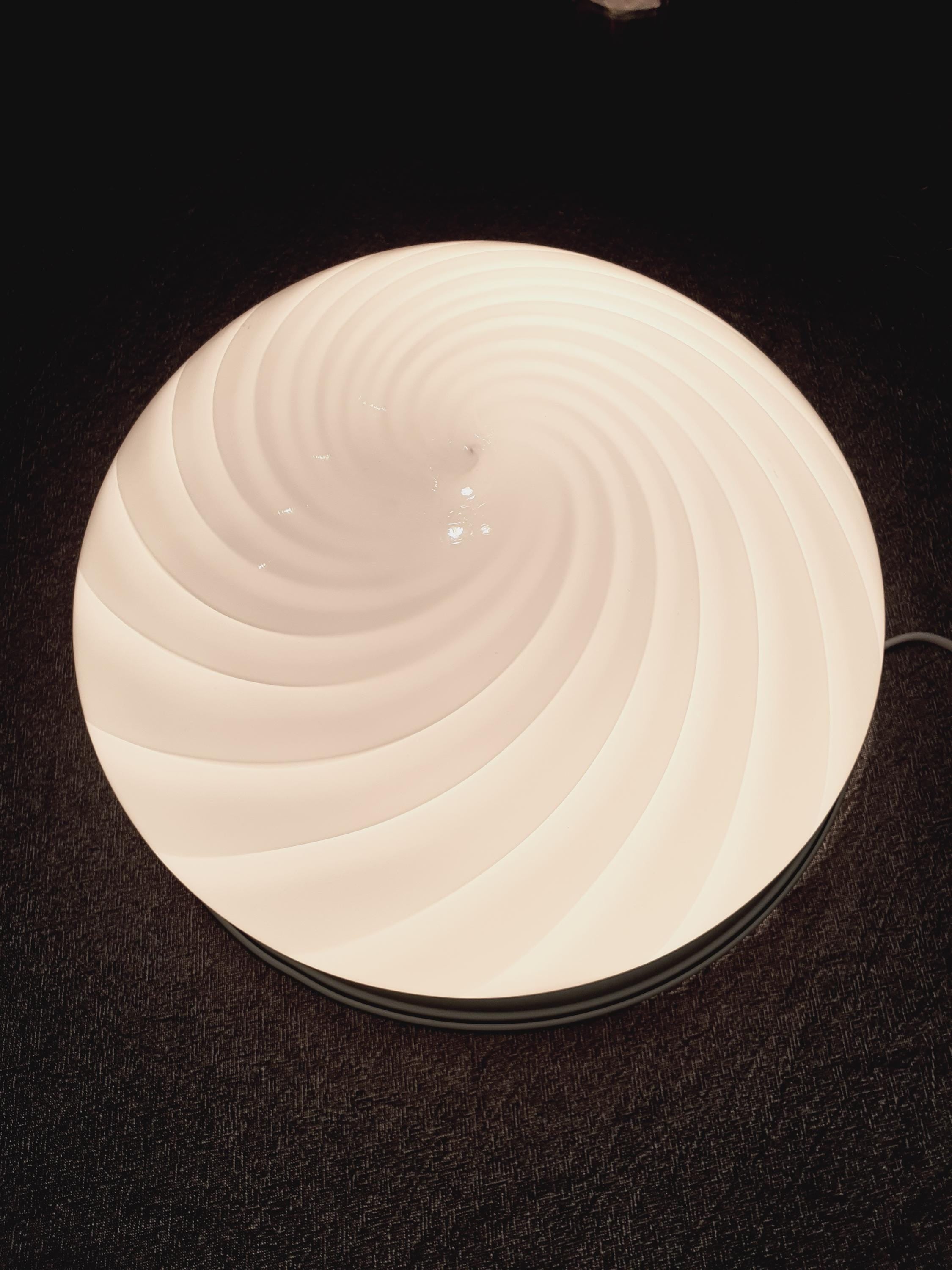 Vintage Murano Glass Swirl Flush Mount Light: White on Blue, MCM Deco