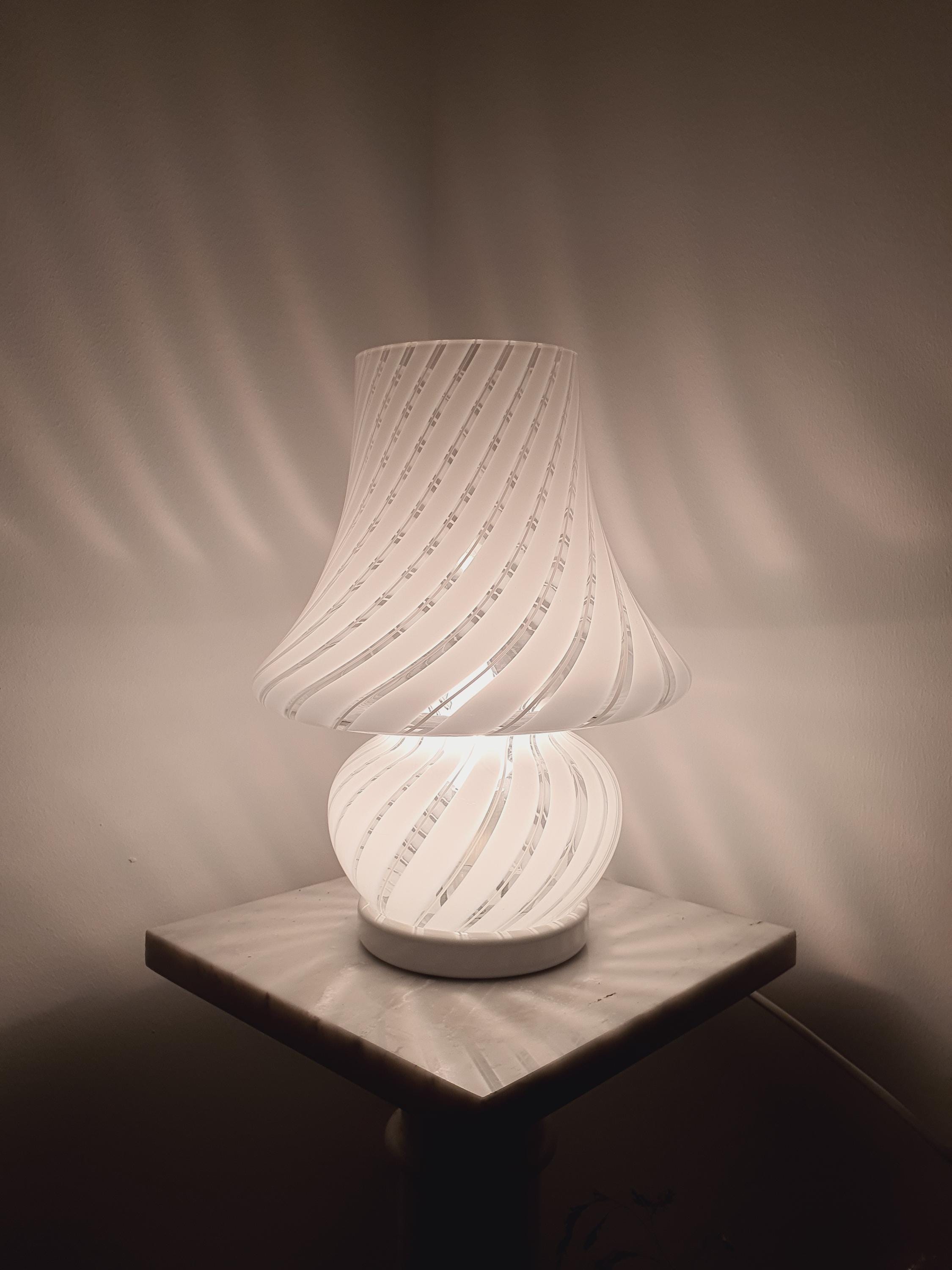 Vintage Murano Glass Mushroom Lamp: White Swirl, 1970s Italian Lighting