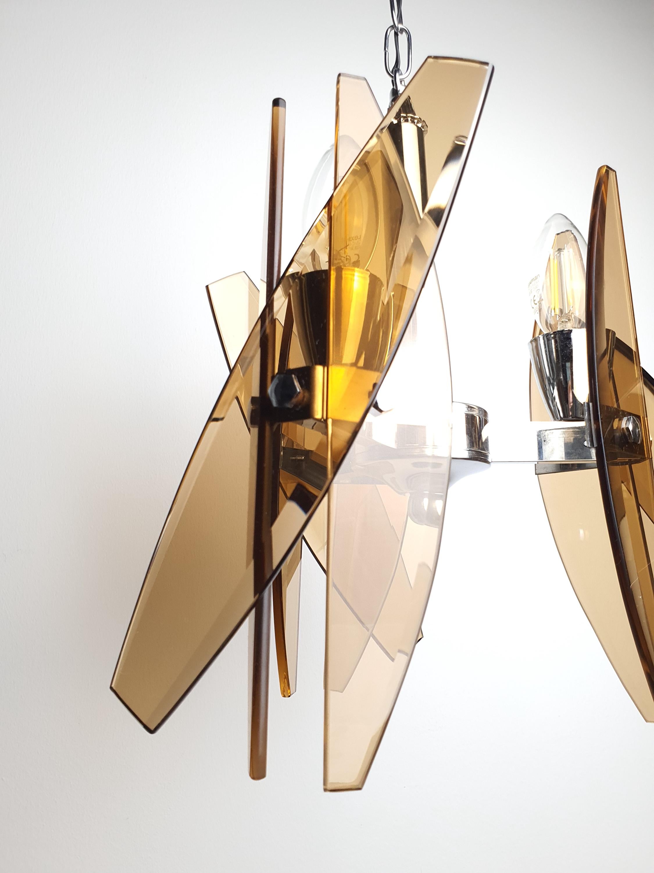 3 Arms Chrome Base Orange Glass Space Age Chandelier by Veca | Retro Vintage Lighting