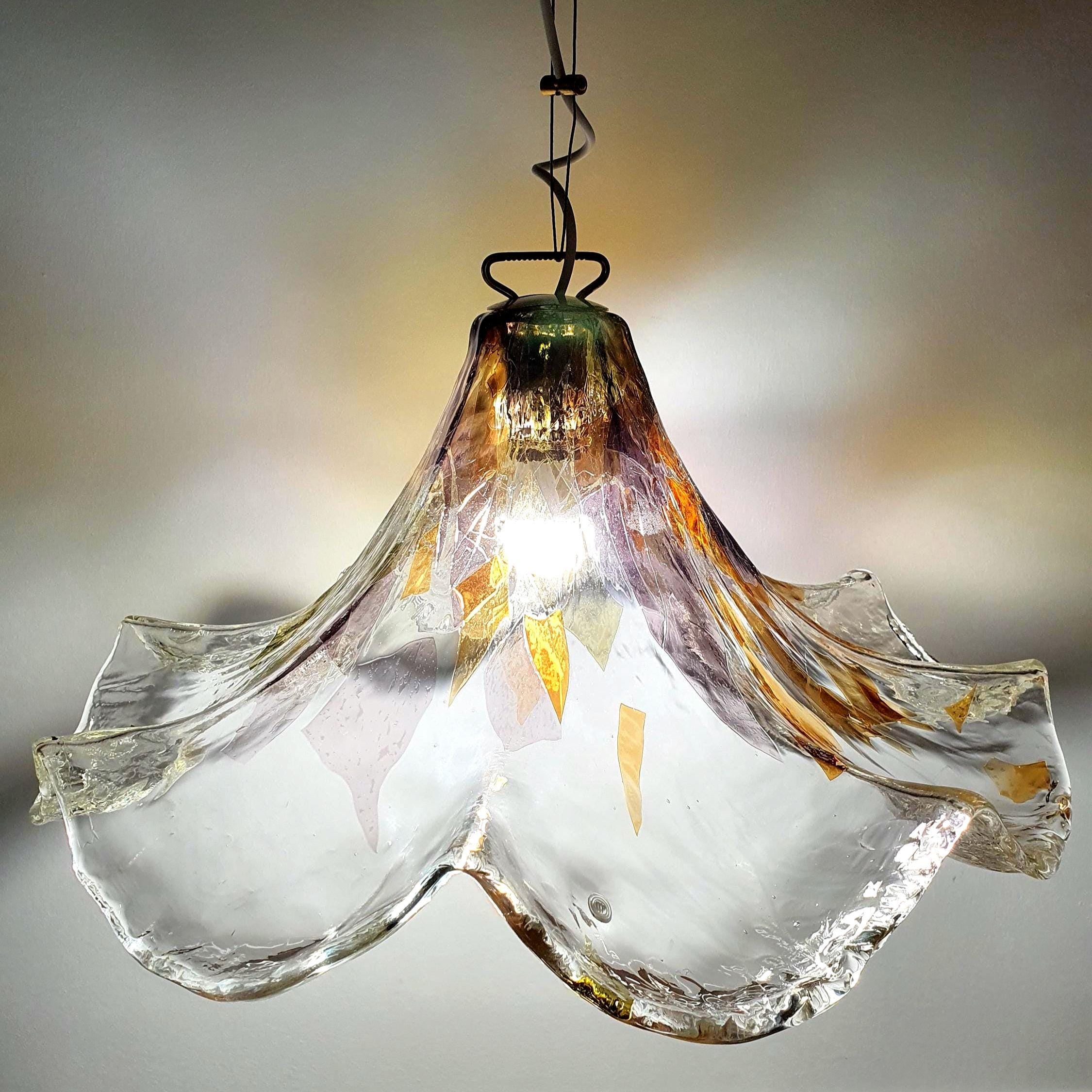 La Murrina vintage Murano glass pendant light with green and purple accents in fazzoletto shape