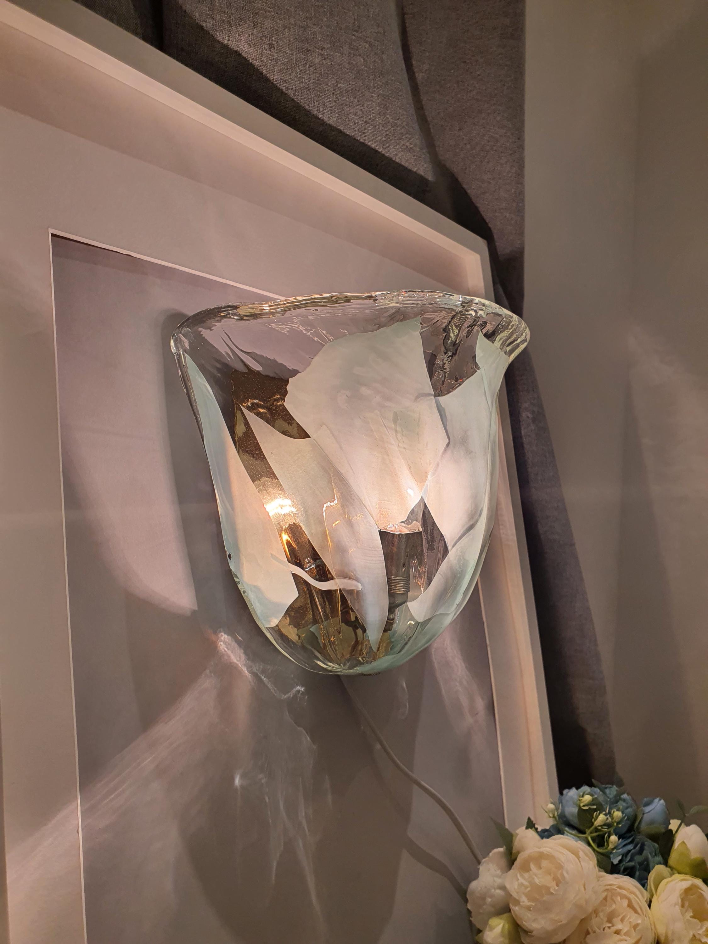 Vintage Murano Glass Wall Sconces: Floral Tulip Design, Golden Base
