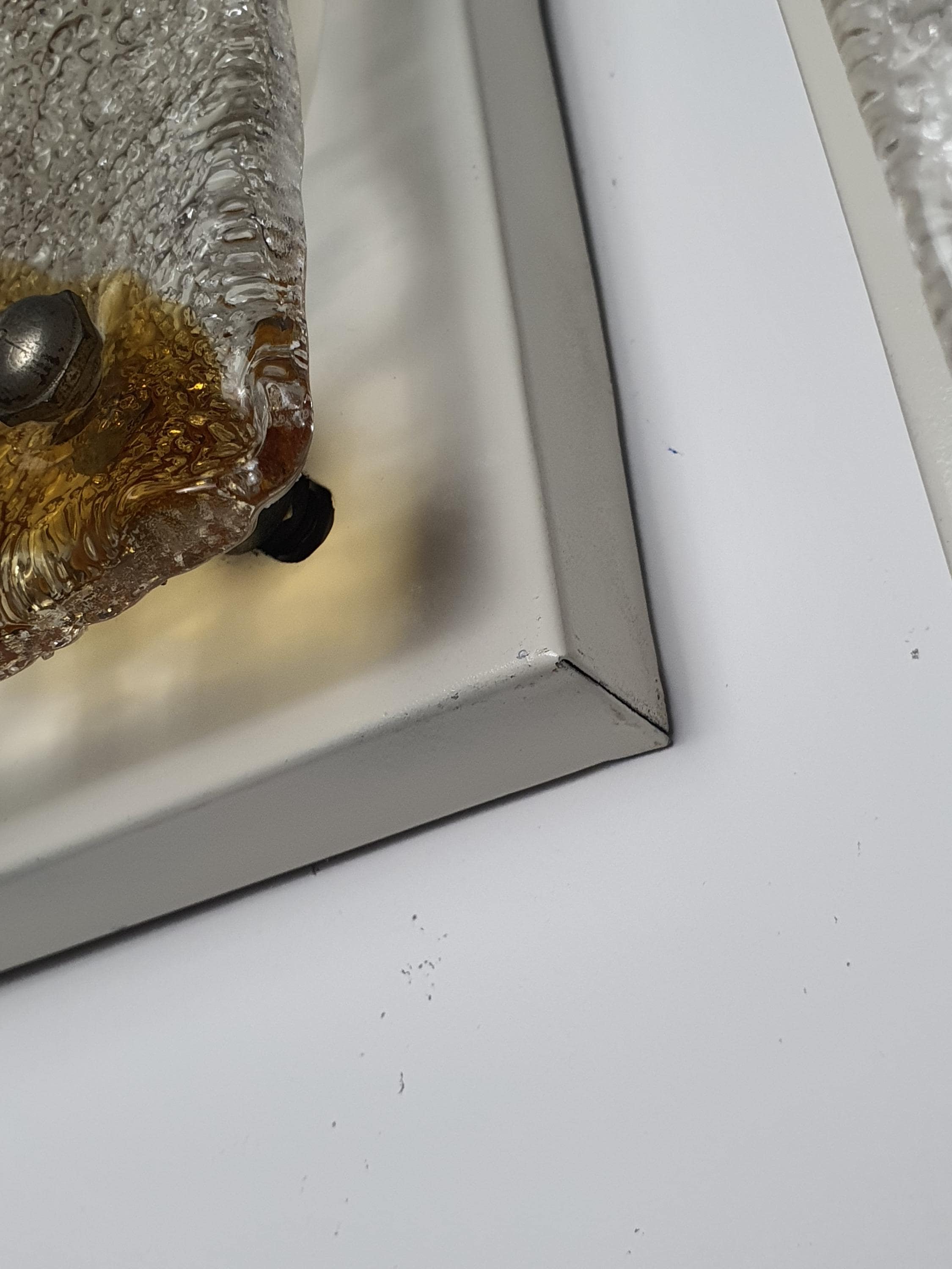 Vintage Mazzega Murano amber iced square light unlit, showing geological uneven relief texture and amber inclusions