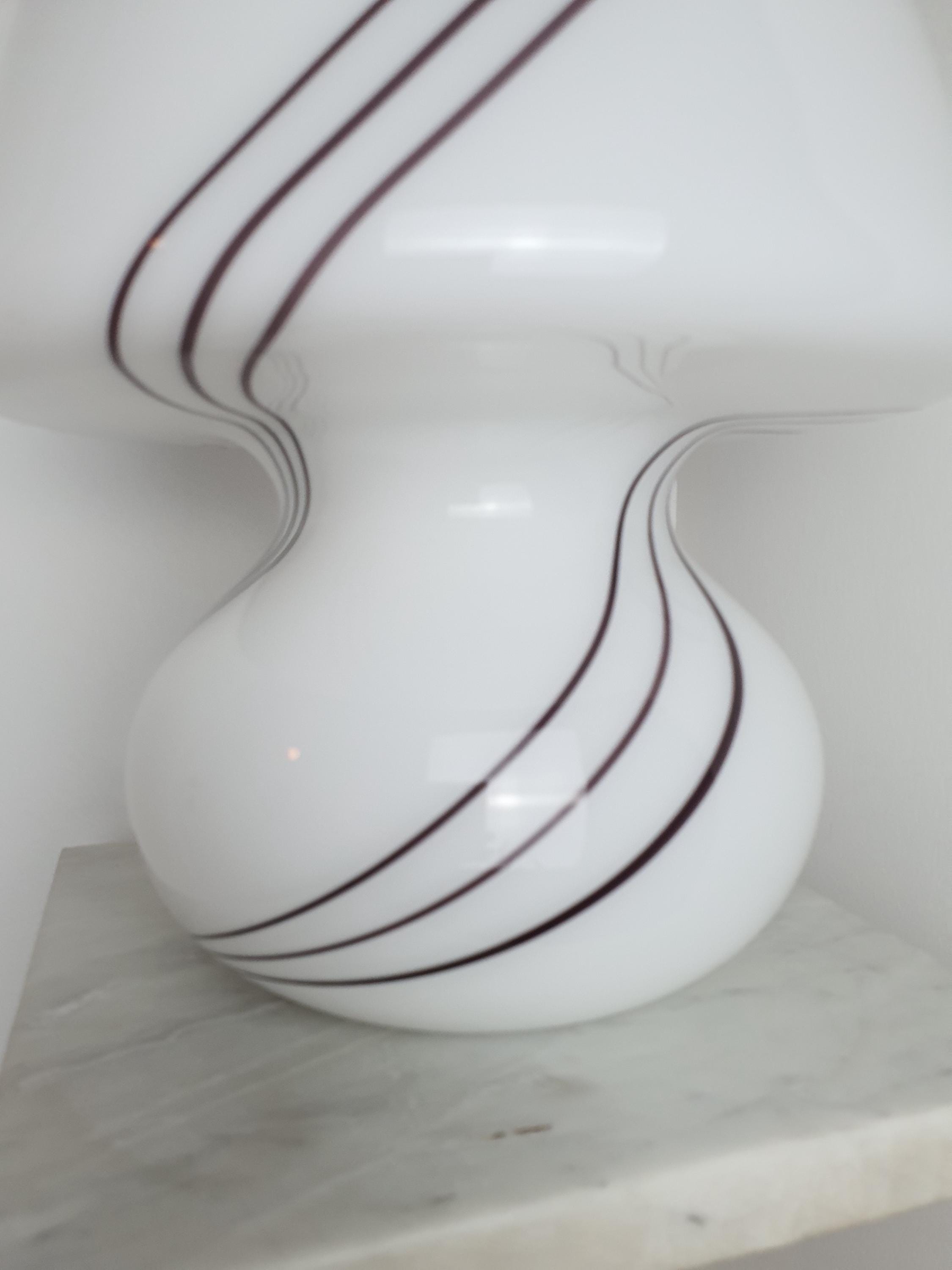 Vintage Murano Glass Mushroom Table Lamp | White with Black Swirl Lines | Mid-Century Italian Lighting
