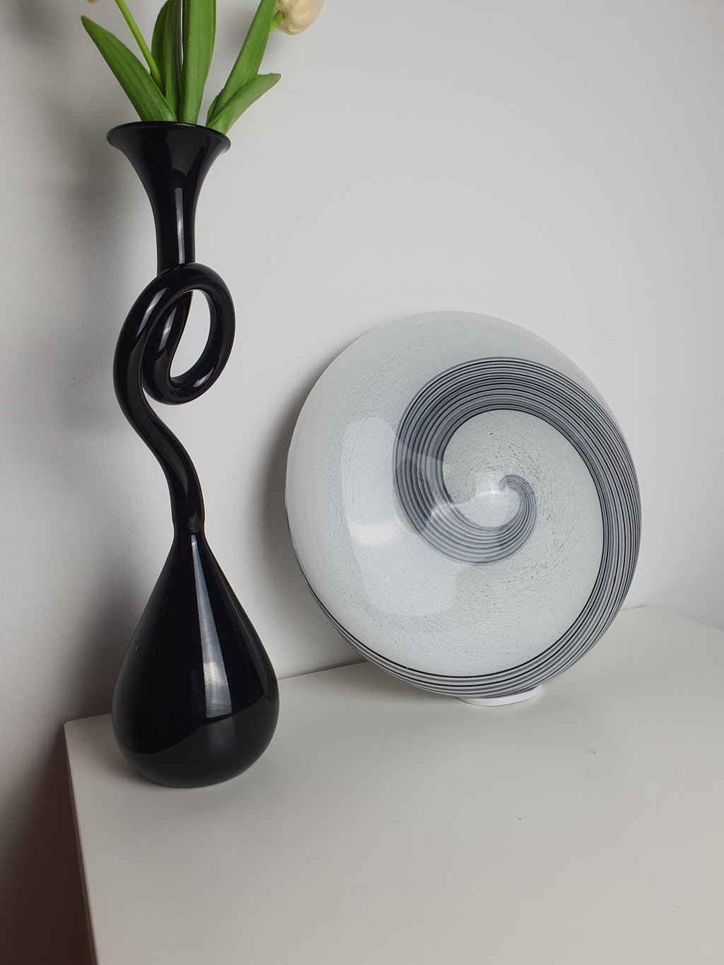 Vintage Murano Glass White, Black & Grey Swirl Flush Mount Light | Mid-Century Italian Lighting