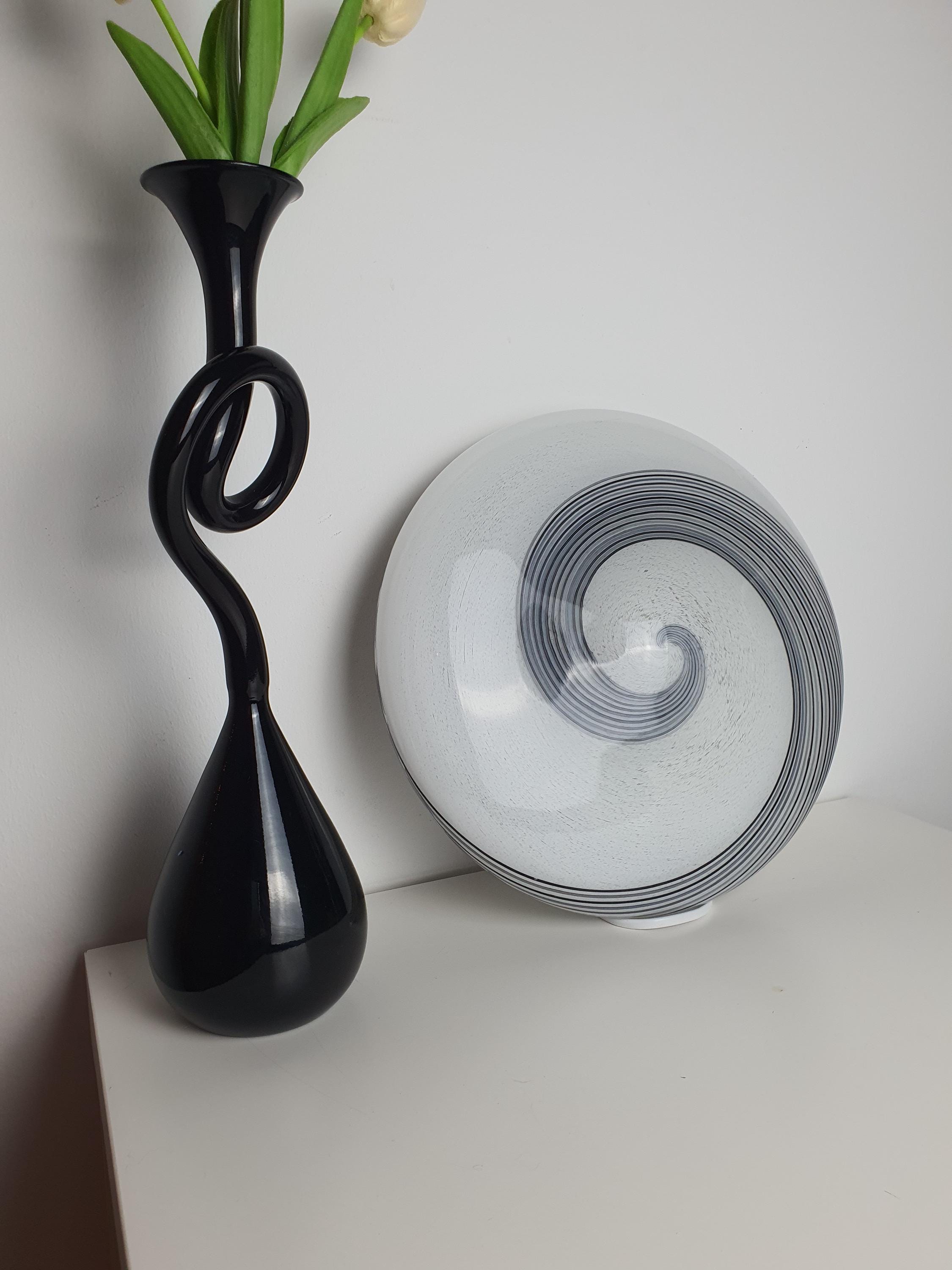 Vintage Murano Glass White, Black & Grey Swirl Flush Mount Light | Mid-Century Italian Lighting