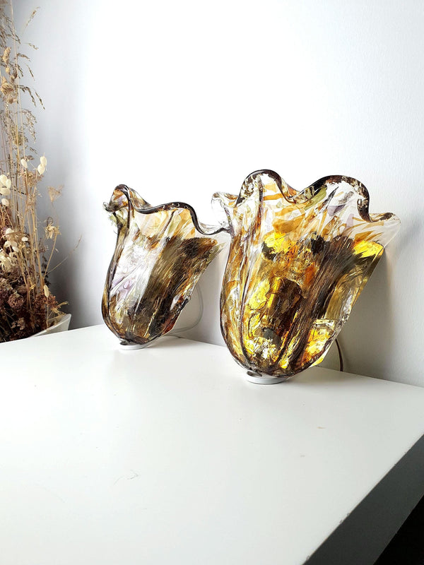 Pair of Vintage La Murrina Murano Glass Wall Sconces – Orange Purple Green Tulips, Layered Autumn Colours, Gold-Toned Bases, Organic Art Nouveau
