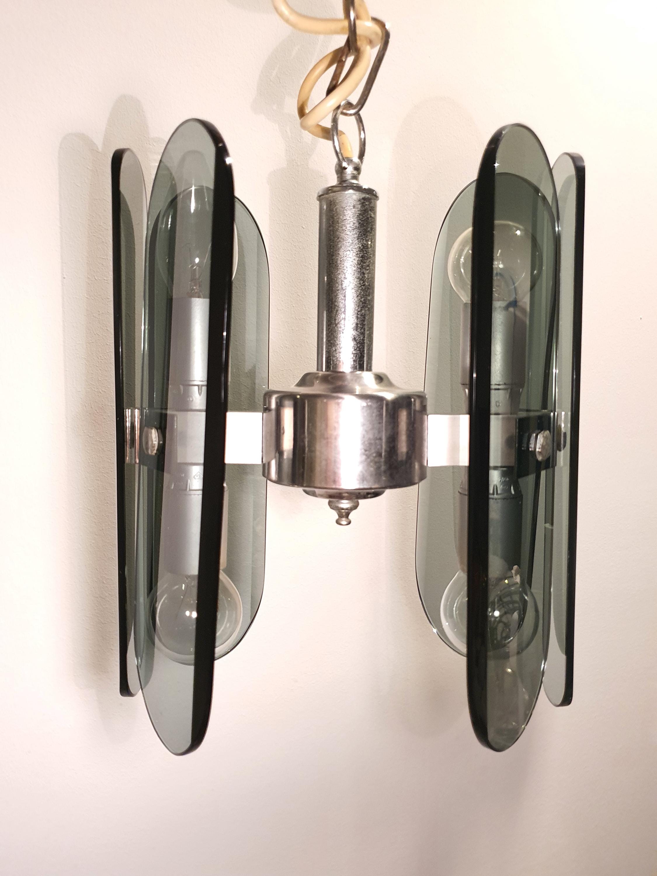 Veca Bottle Glass Chandelier: Mid-Century Modern Italian Chrome Lamp