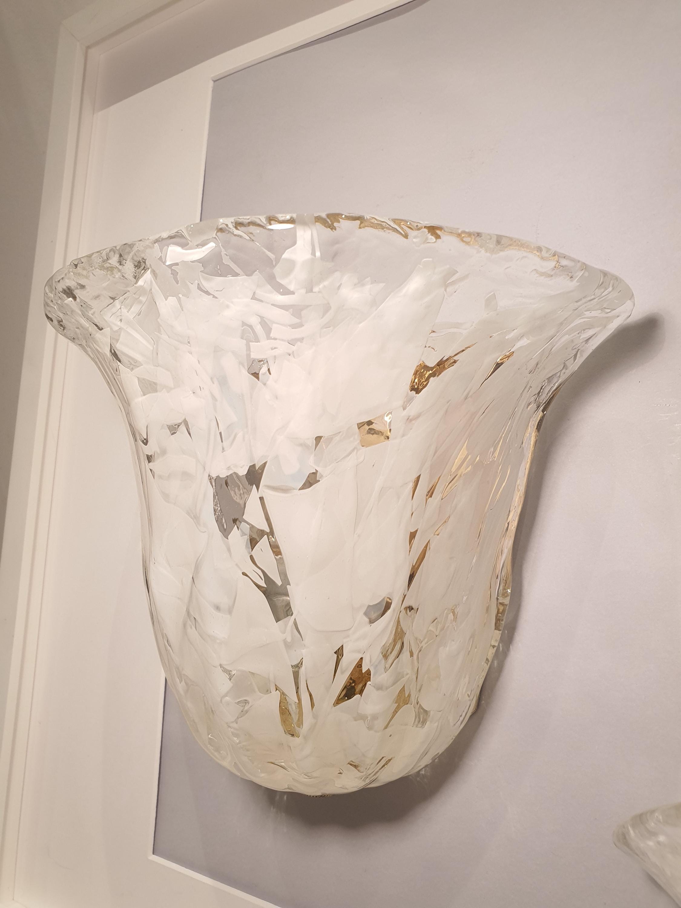 Pair of White La Murrina Floral Wall Sconces on Golden Bases | Vintage Murano Glass Organic Luxury Lighting