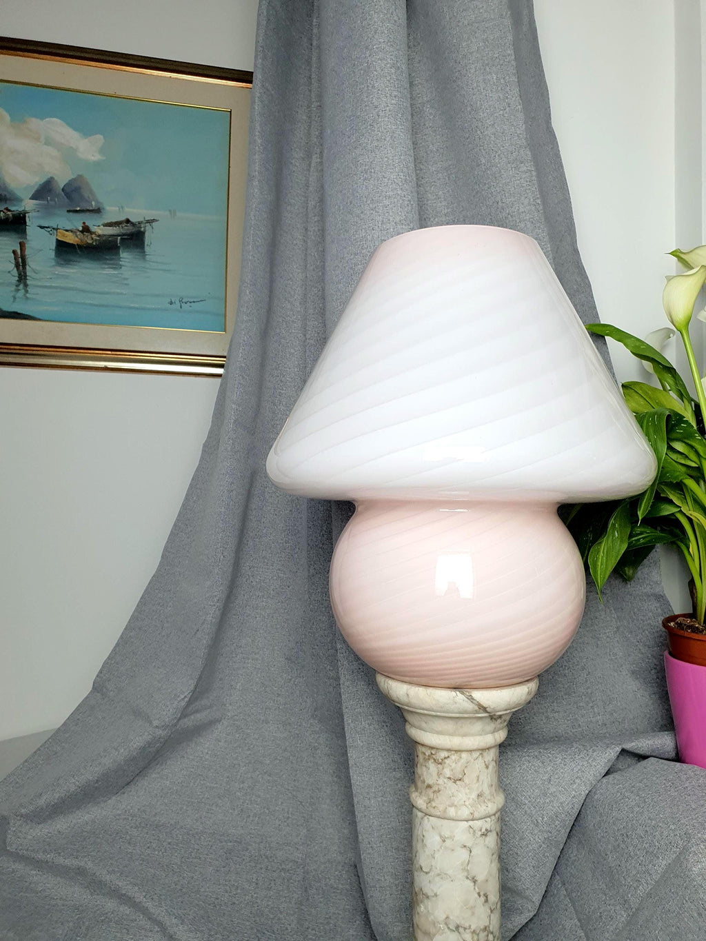 Large Murano glass pink swirl mushroom bedside lamp