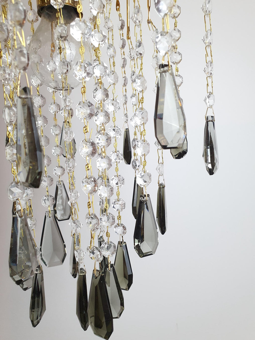 Vintage Waterfall Chandelier: Gray Teardrop Crystals, Hollywood Regency Lighting