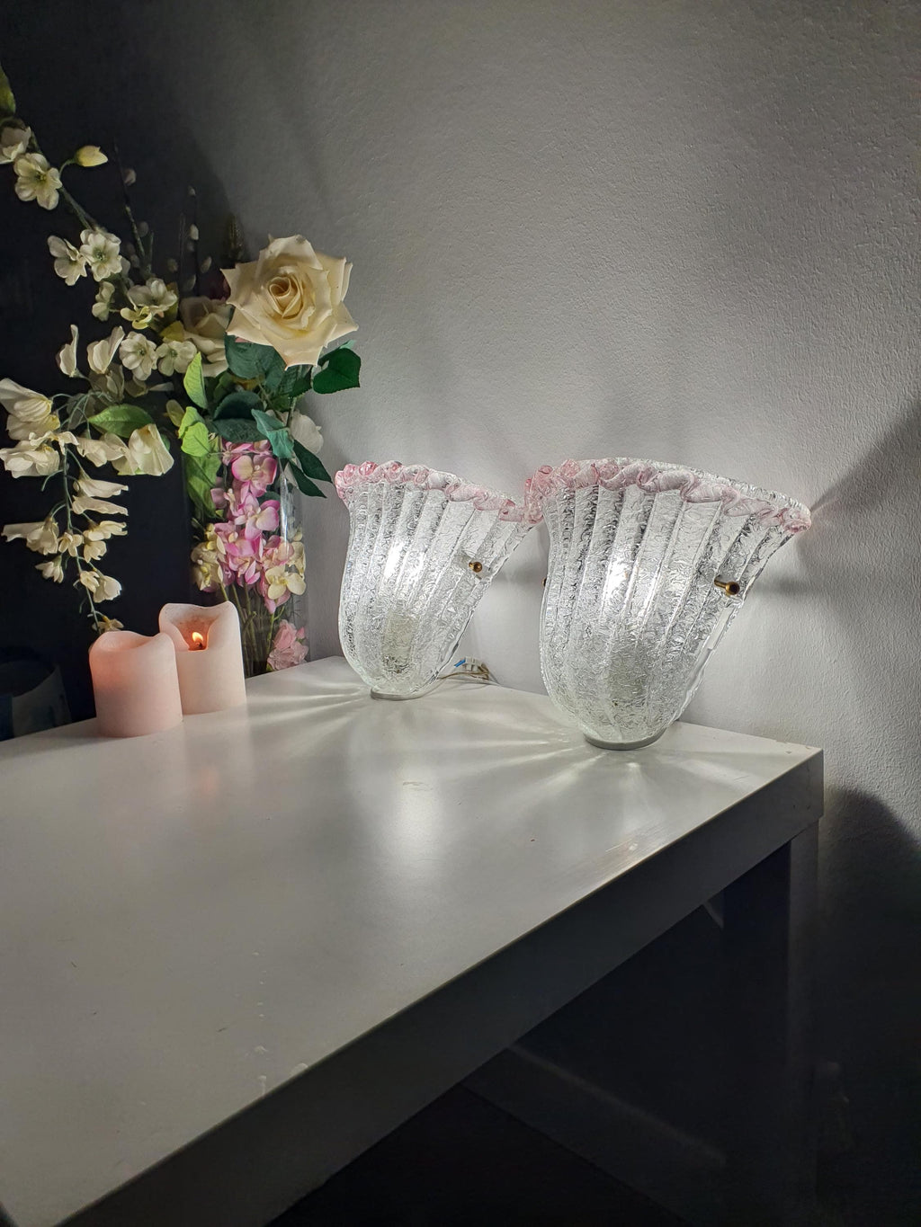 Pair of romantic vintage glass wall lights in Organic Modern style
