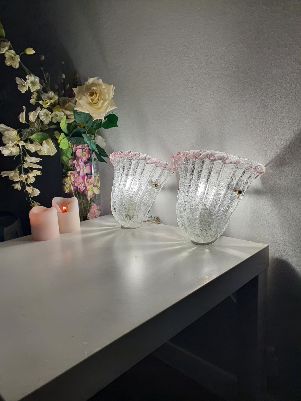 Pair of romantic vintage glass wall lights in Organic Modern style
