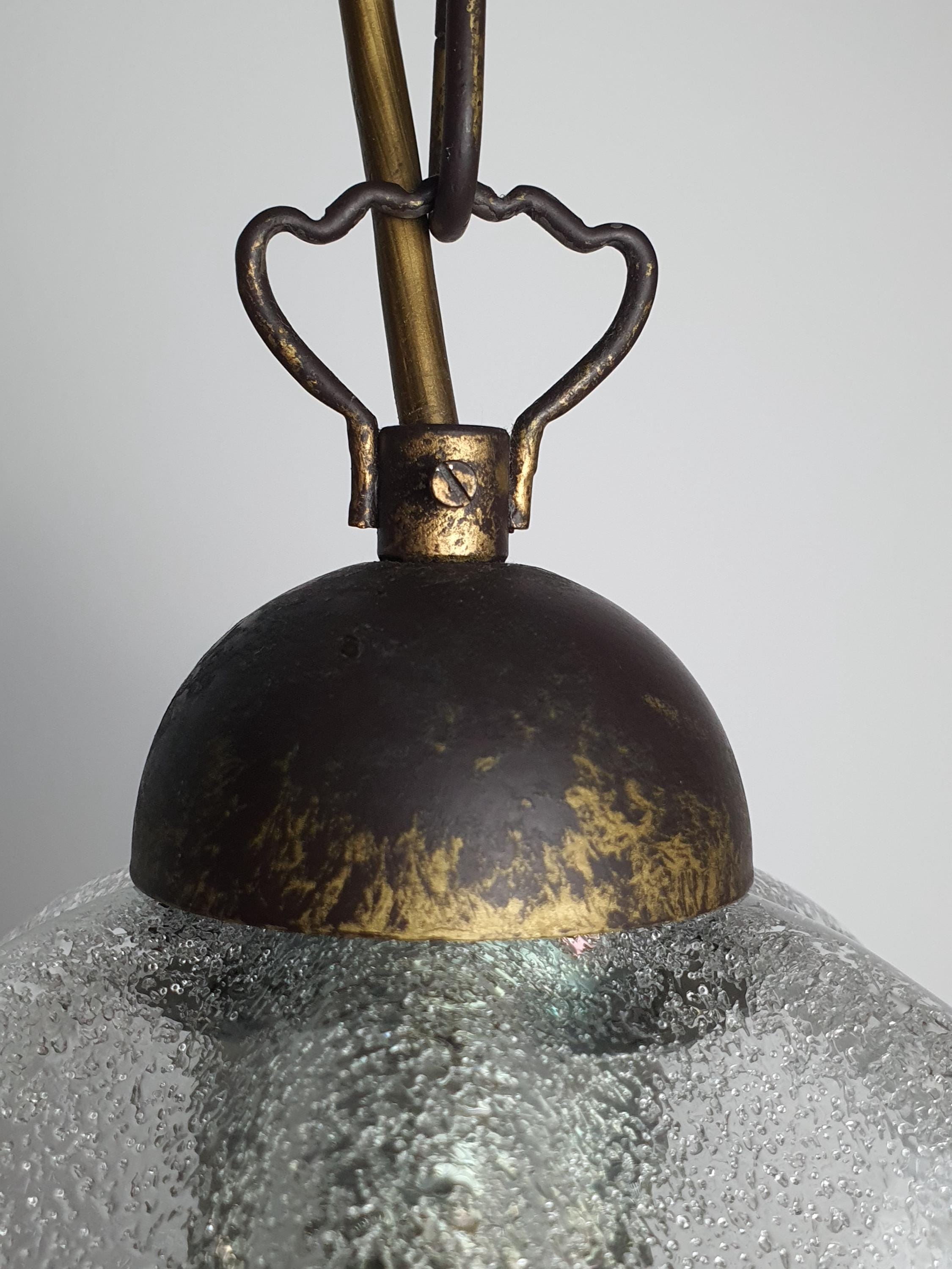Murano bell tulip pendant side profile, smooth glossy exterior, flowing organic edge with yellow accent rim, bronze canopy