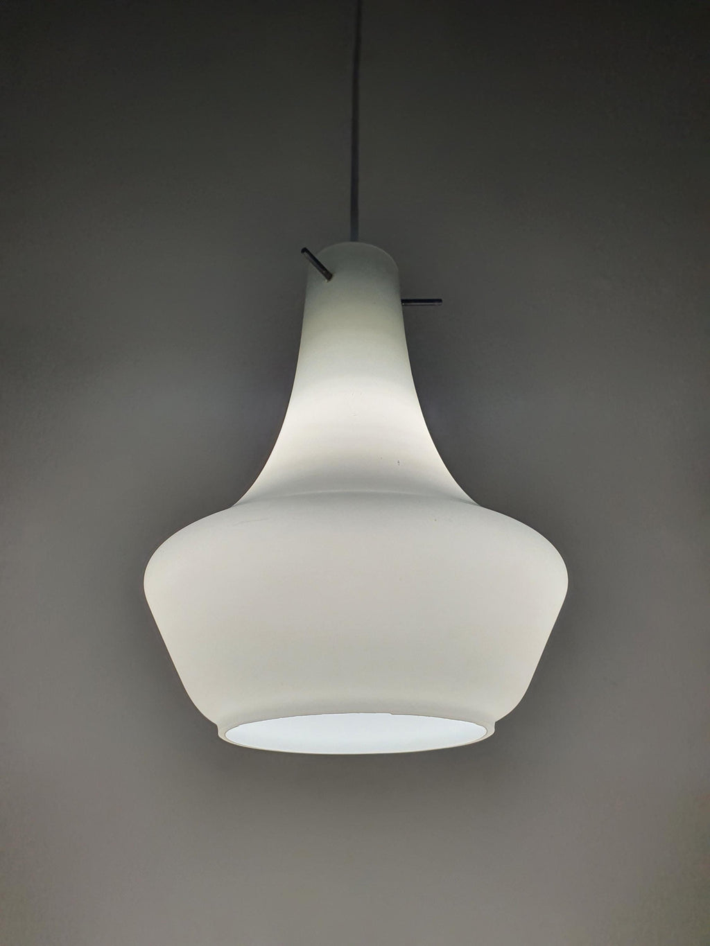 Murano glass opaline pendant — soft even glow through double-layer white glass, illuminated