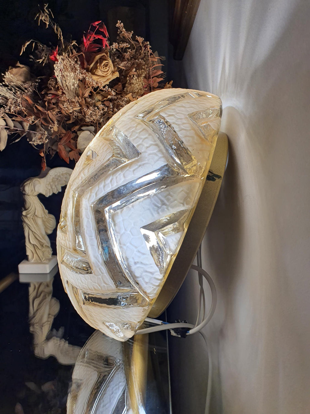 Art Deco Ceiling Light in Stamped Clear Glass | Matte Star Pattern, Bronze Base