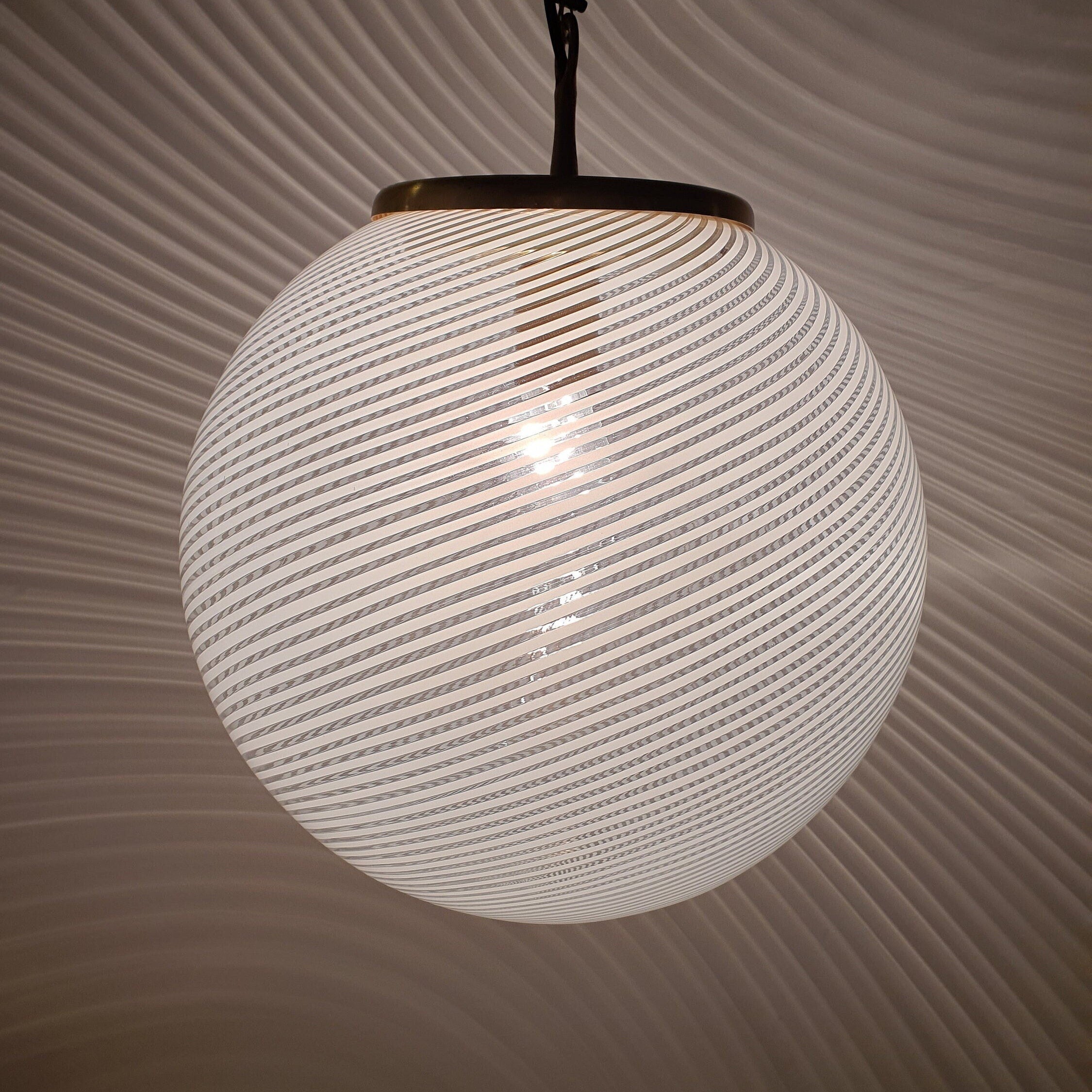 Vintage Murano Glass Globe Pendant Light: Italian Filigree Swirl Chandelier