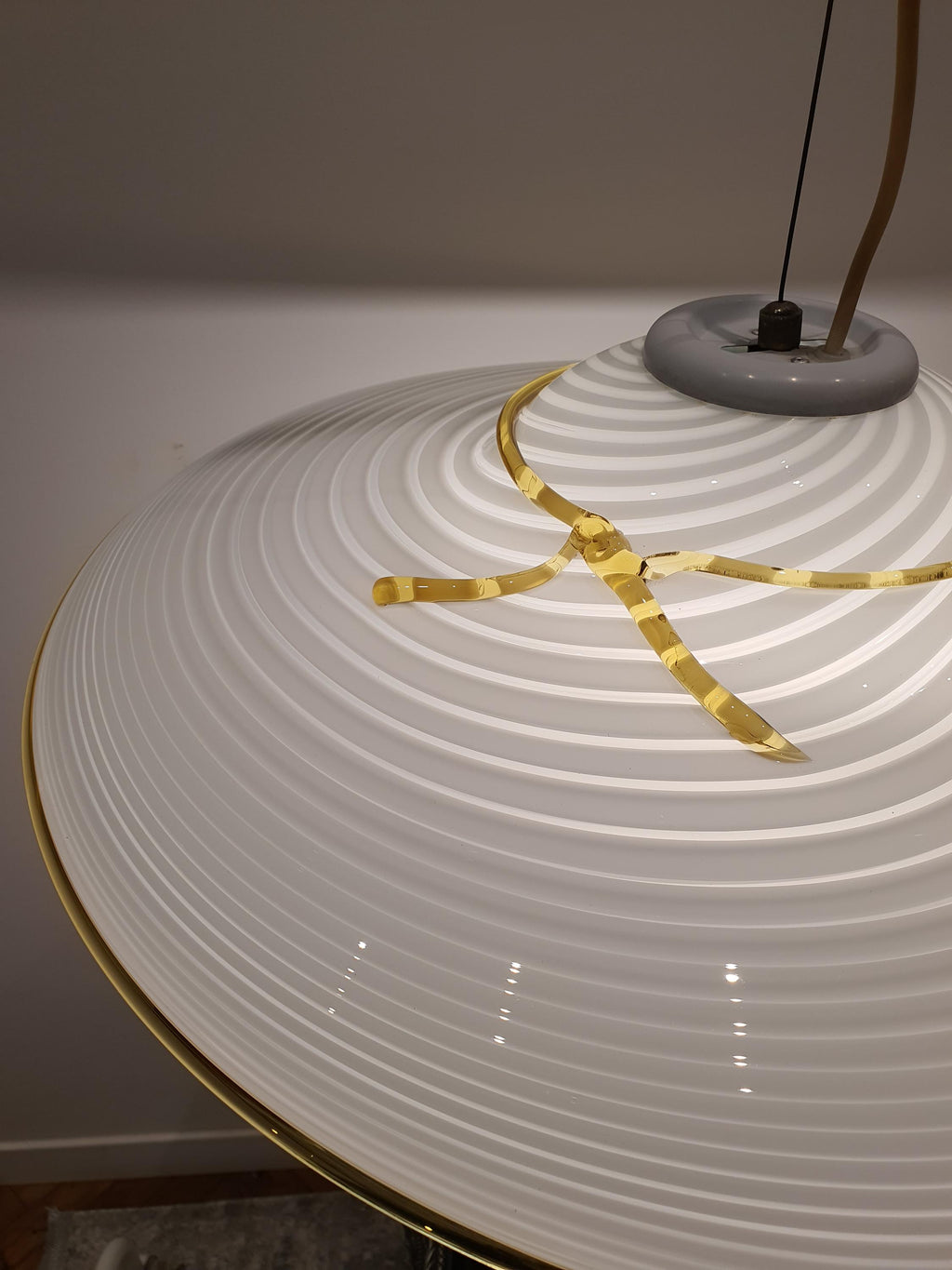 Vintage Murano Glass Pendant Light | White Swirl & Yellow Bow Accent | Italian Handcrafted Minimalist