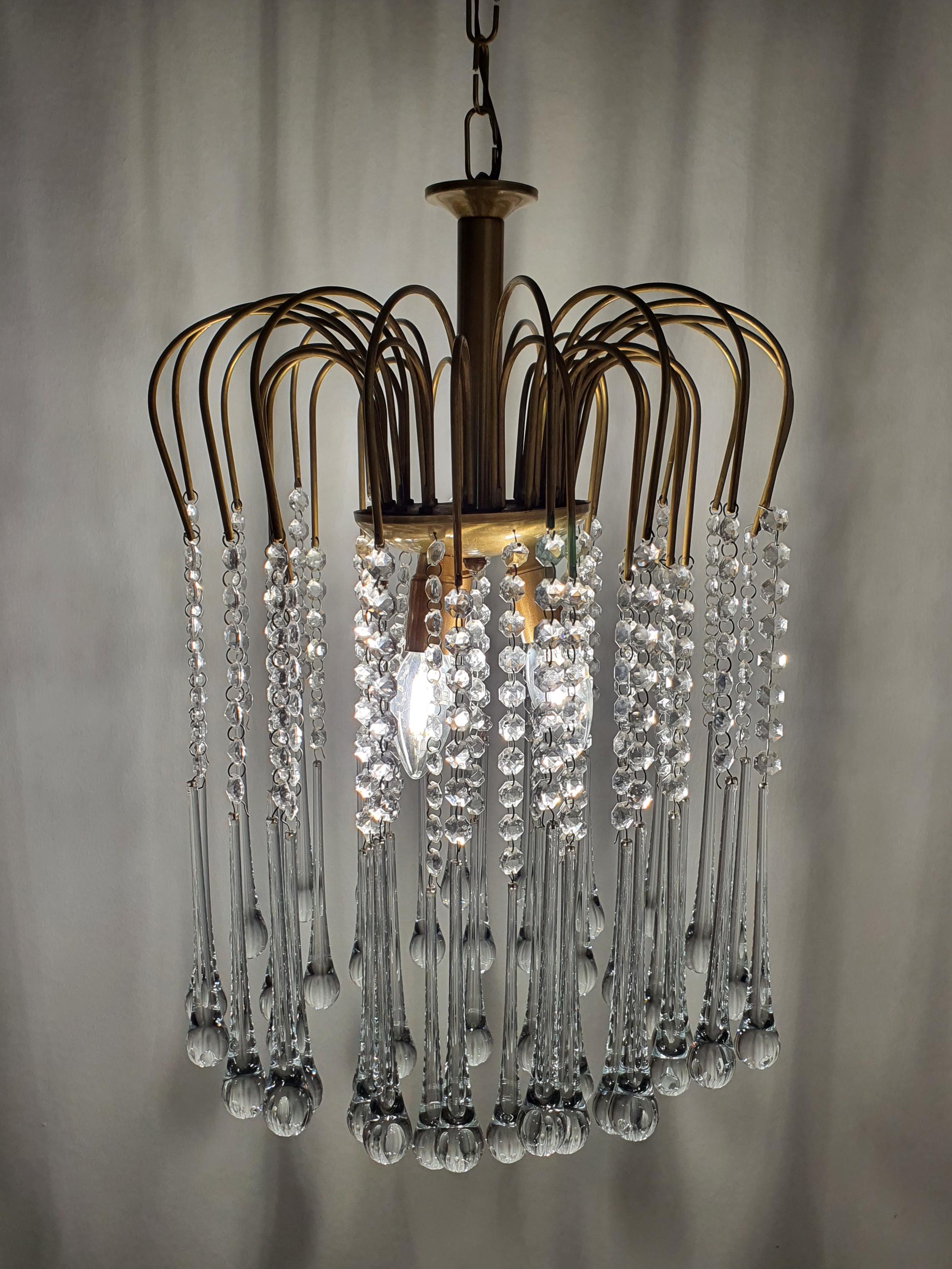 Vintage Italian chandelier — cascading clear Murano glass drops, gold-toned metal frame