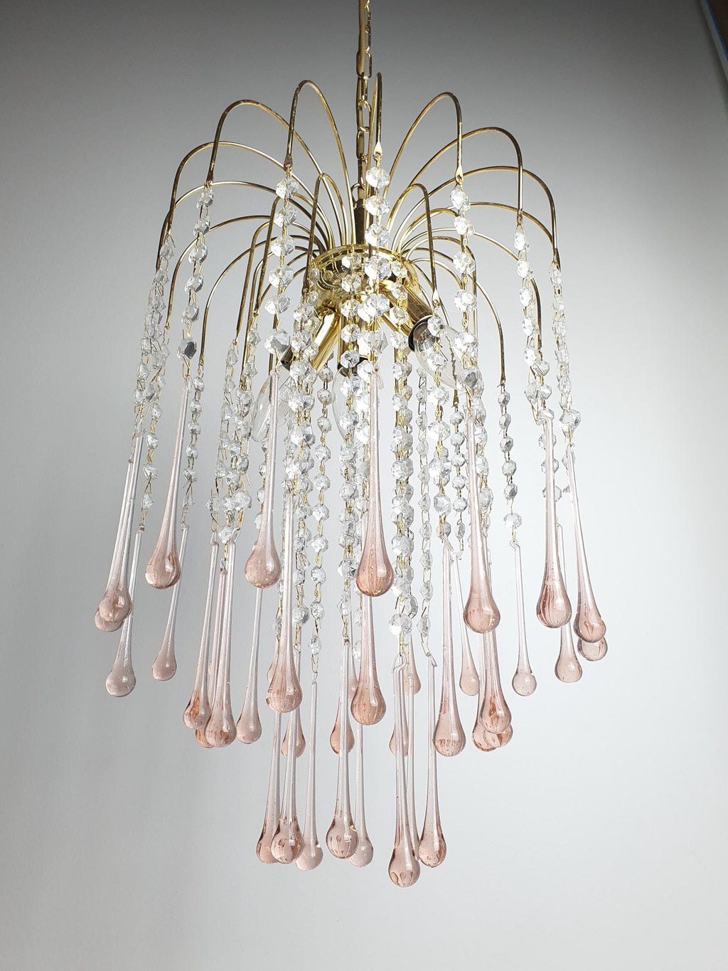Vintage Murano Glass Chandelier | Pink Teardrop Hollywood Regency Cascade Light