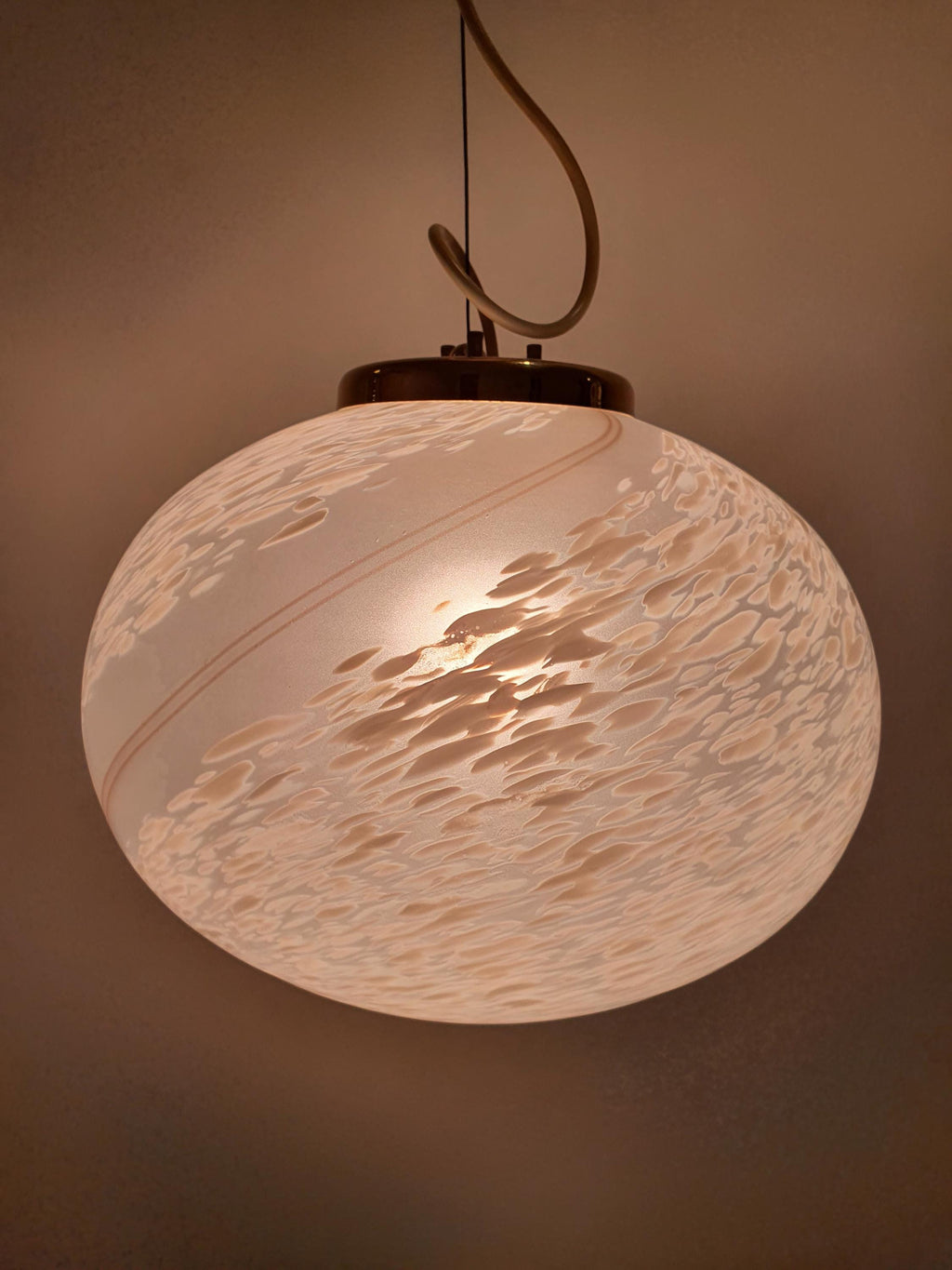 Murano Glass Pendant Light: White Swirl Globe, Mid-Century Scandinavian Lamp